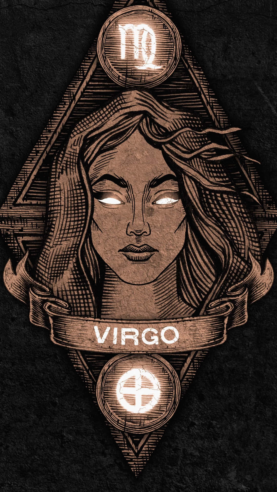 處女座星座符號，女性面孔置於幾何框架內，帶有發光元素。