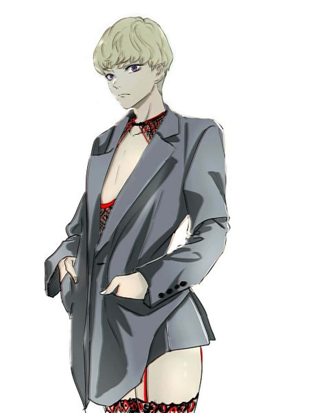Ryo Asuka 桌布 壁紙 — 一個風格化的動漫角色，短金髮和紫色眼睛，在純白色背景前穿著灰色西裝外套，內搭紅色蕾絲內衣。