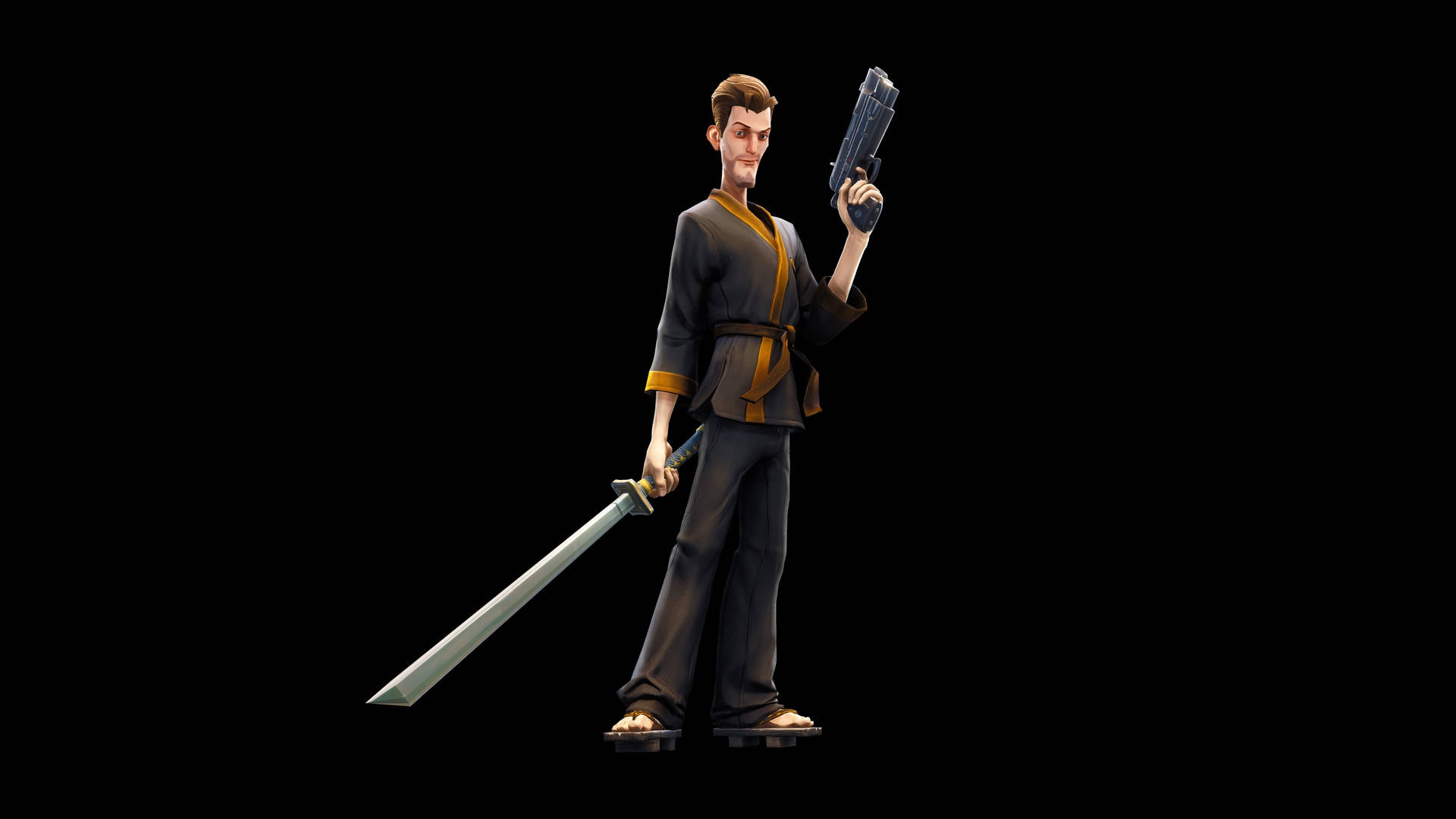 動漫戰士手持劍和手槍，黑色背景