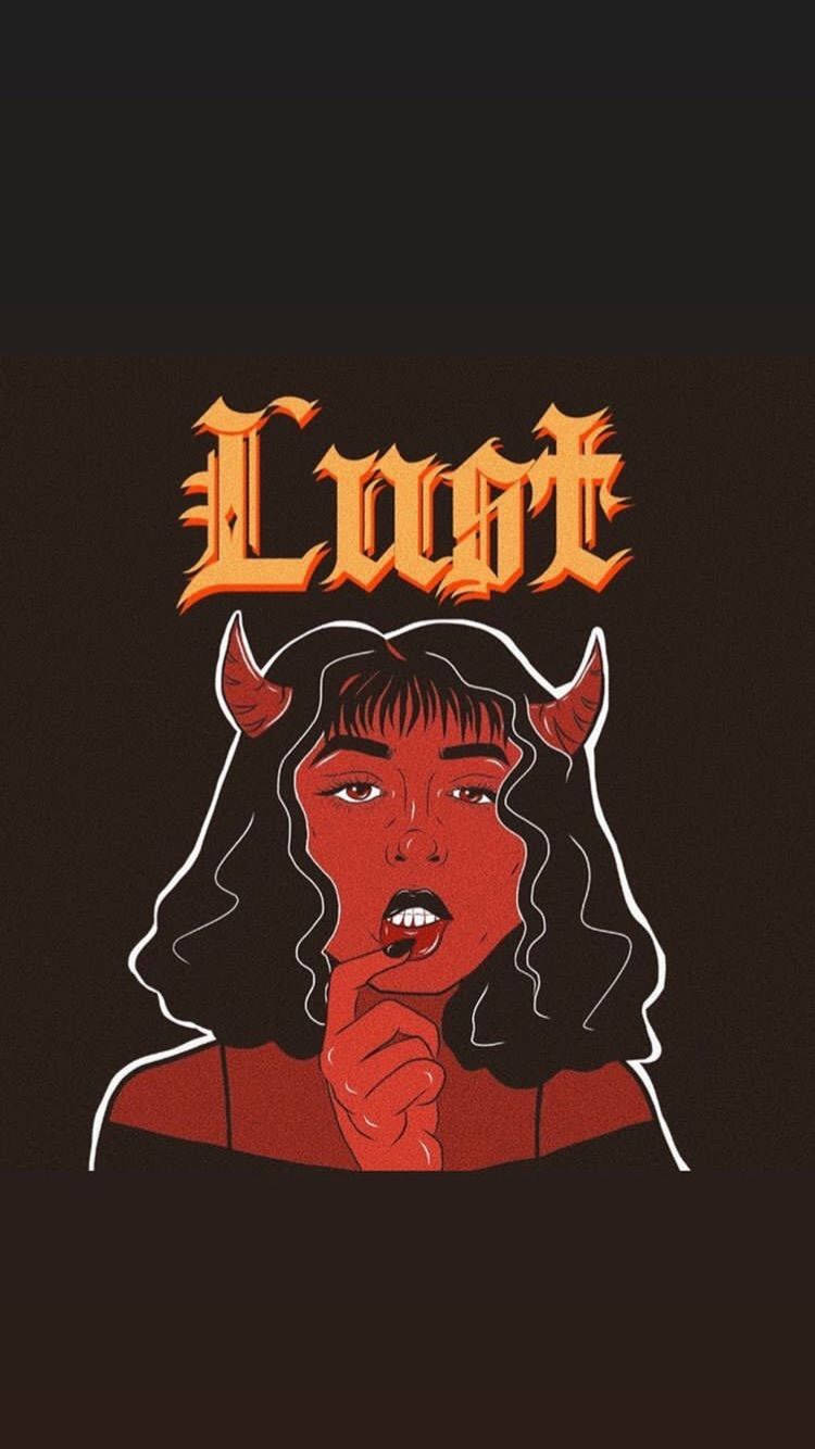 紅皮膚魔鬼女人有角，在「Lust」文字下將手指放在嘴唇上。 — 惡魔 壁紙