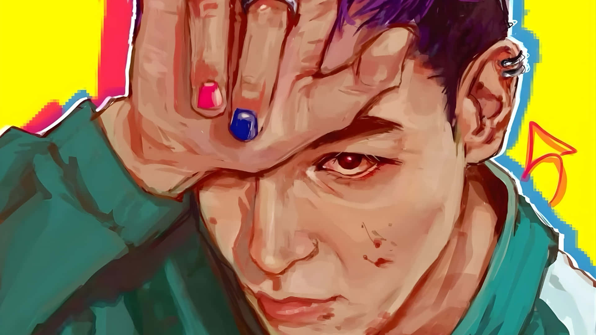  壁紙 — 一個風格化的數碼肖像，描繪一位紫髮、塗上彩色指甲油的年輕男子，在鮮黃色背景前遮擋眼睛。