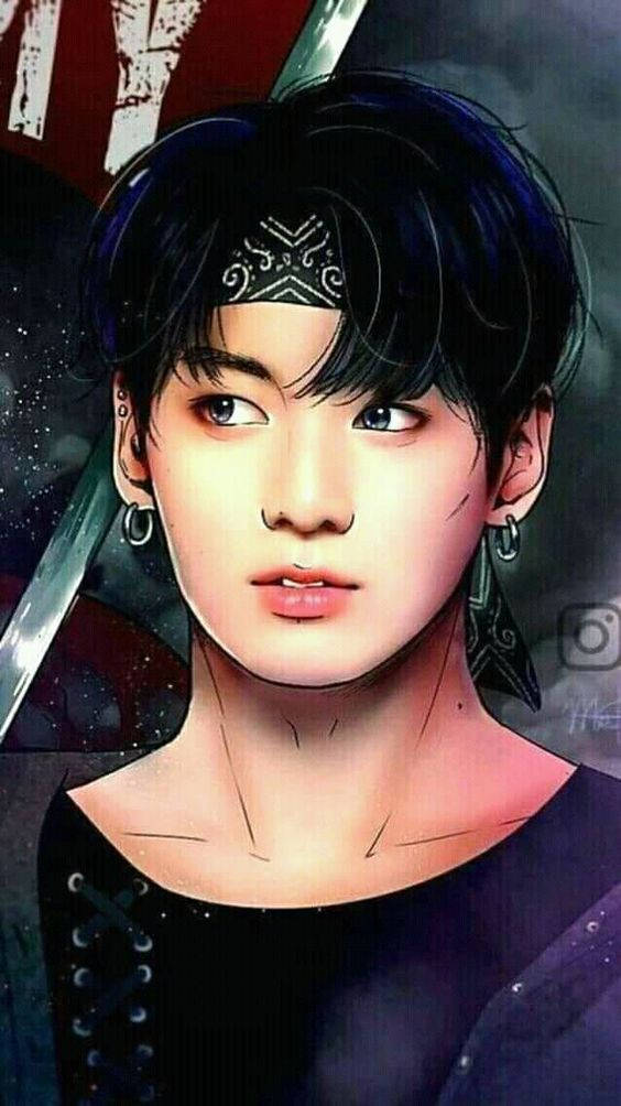 動漫風 Jungkook 戴黑色頭巾 壁紙 — 一個風格化的動漫肖像，描繪一個黑髮、額頭有複雜標記的年輕男子，在宇宙背景下持劍。