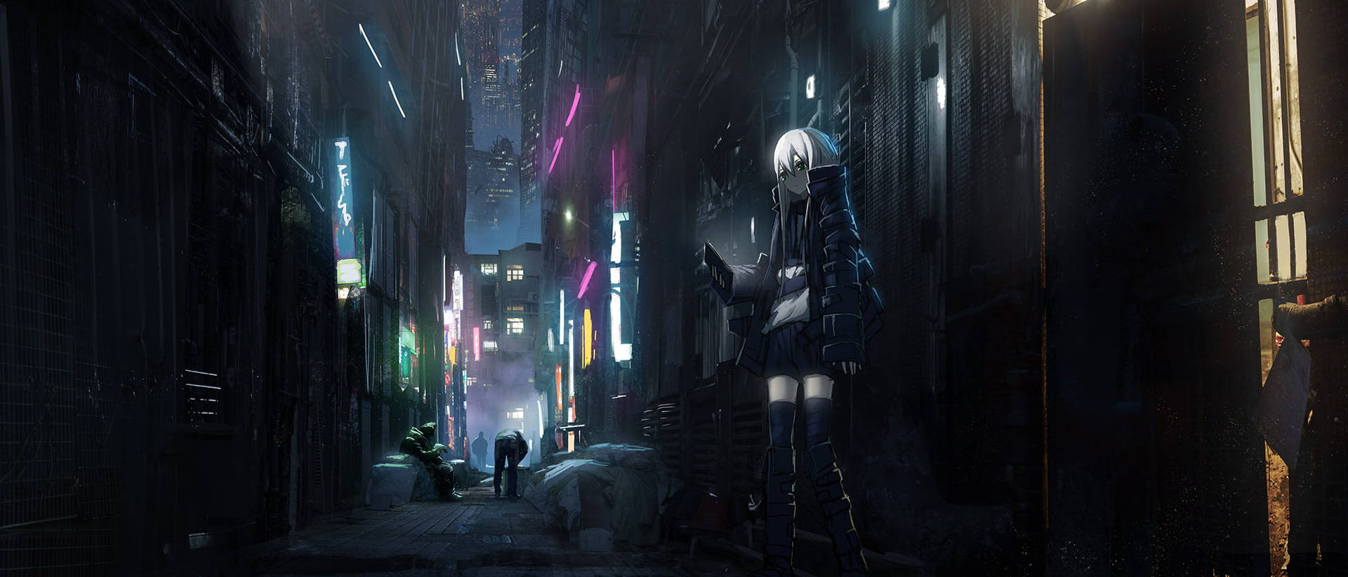夜晚霓虹燈照亮的賽博朋克小巷中的動漫女孩