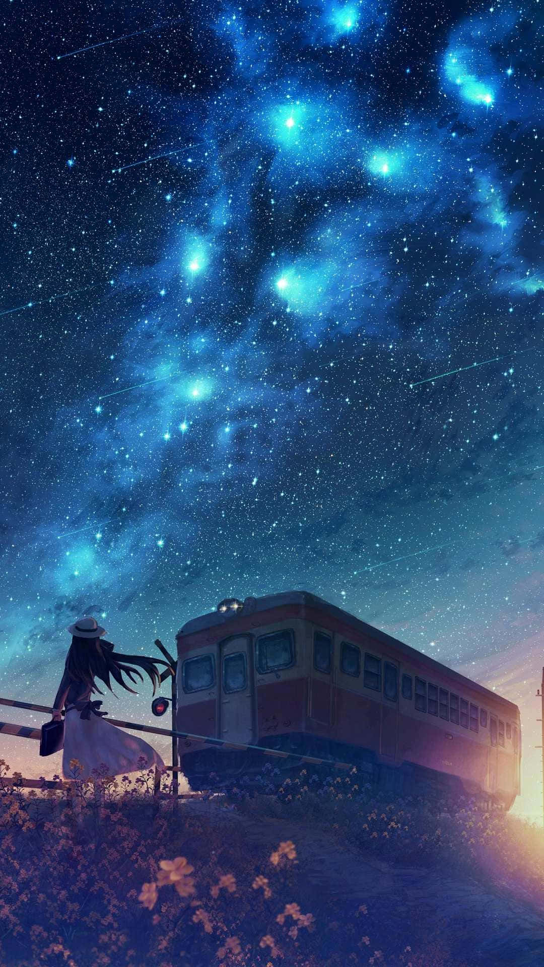  壁紙 — 一個孤獨的白裙女孩站在一輛復古火車旁，背景是充滿發光星雲和流星的 vibrant 藍色星空。