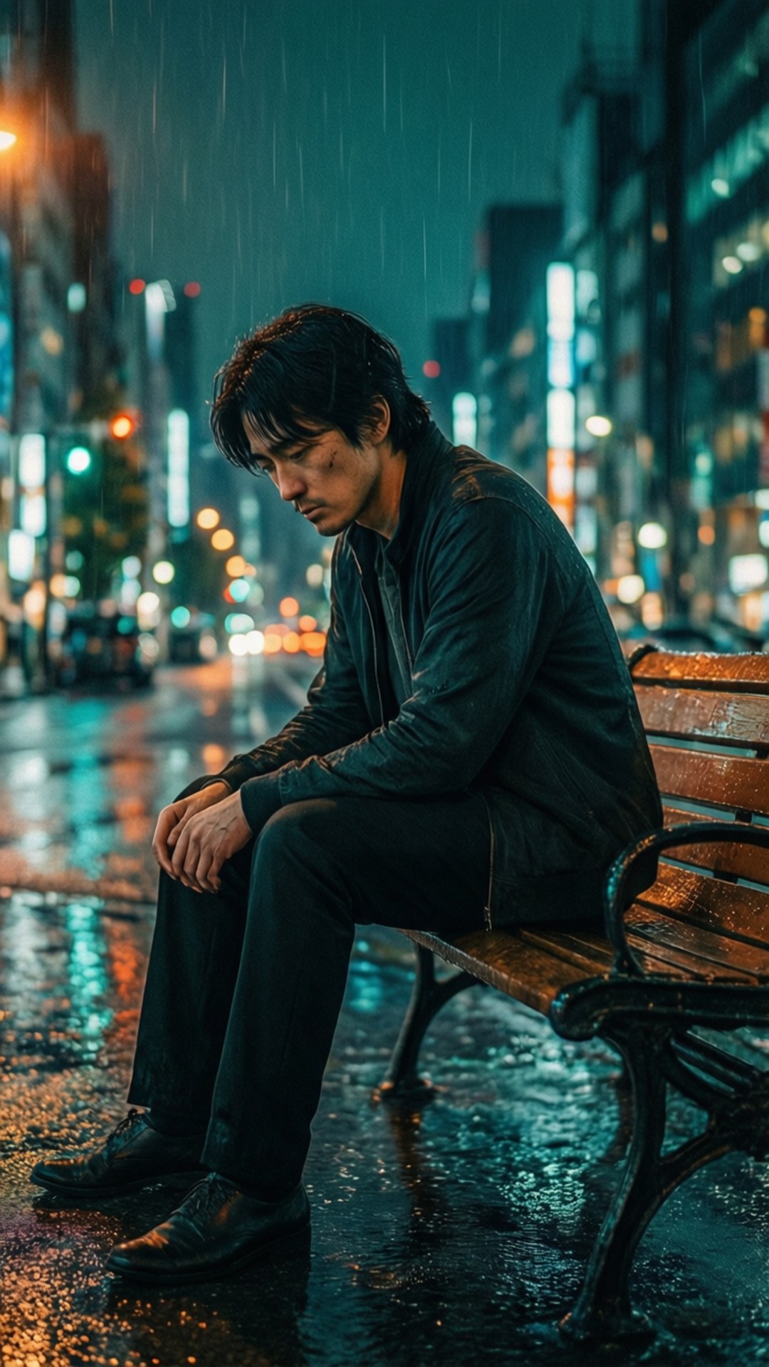一個男人獨自坐在雨夜城市的濕長椅上，頭頂閃爍的霓虹燈。