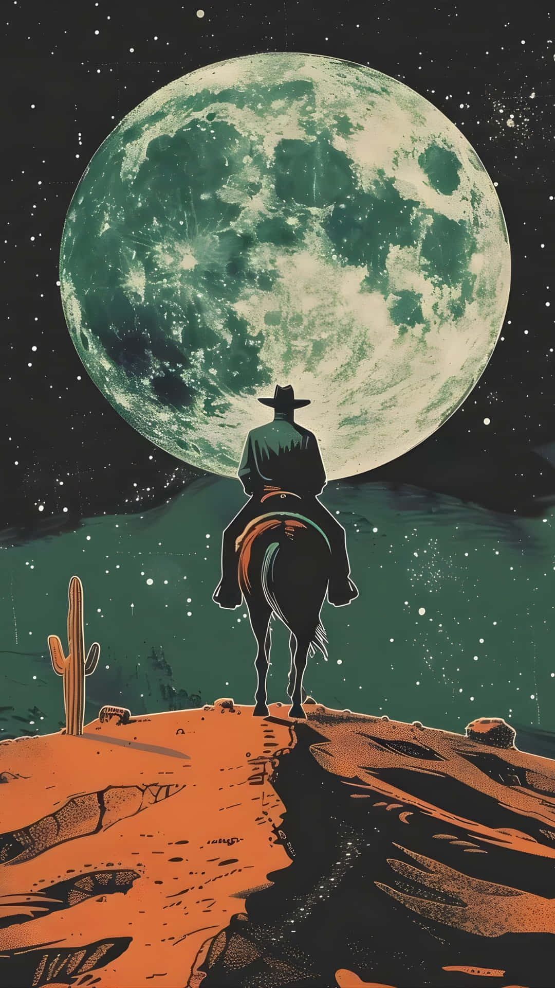  壁紙 — 一個孤獨的牛仔騎在馬背上，仰望星空沙漠之夜中巨大的綠色月亮。