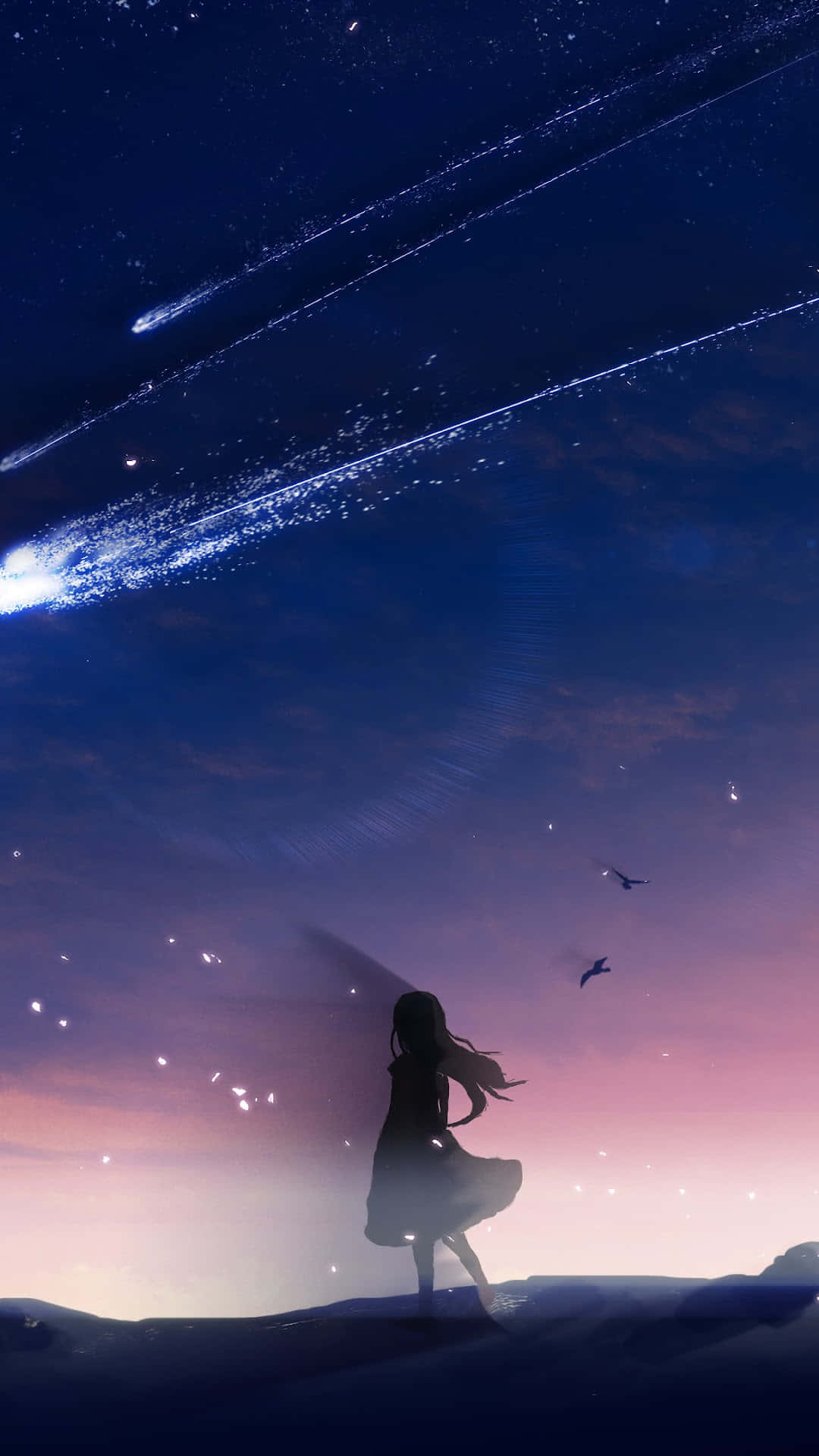 女孩在暮色天空觀看流星