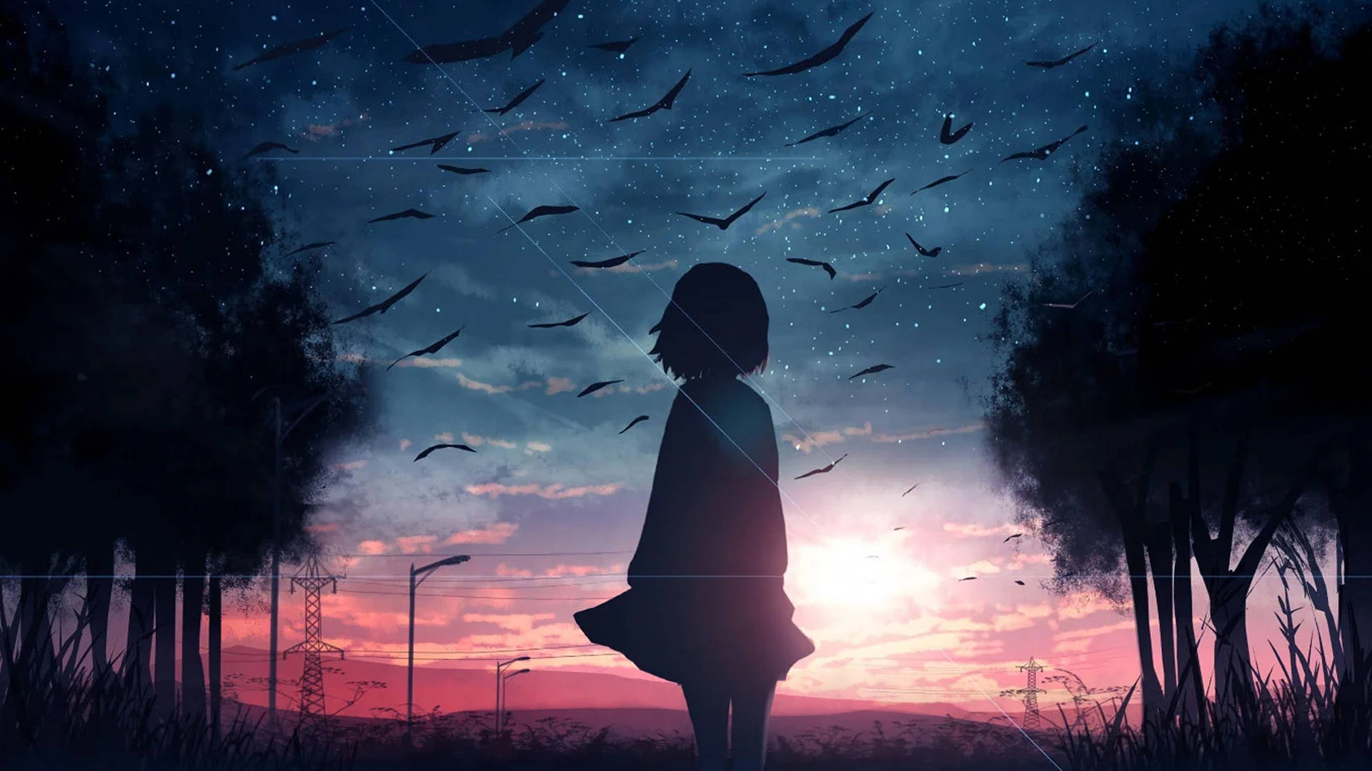 女孩在黃昏時獨自站立，鳥兒在星空背景下飛翔。 — 可憐動漫 壁紙