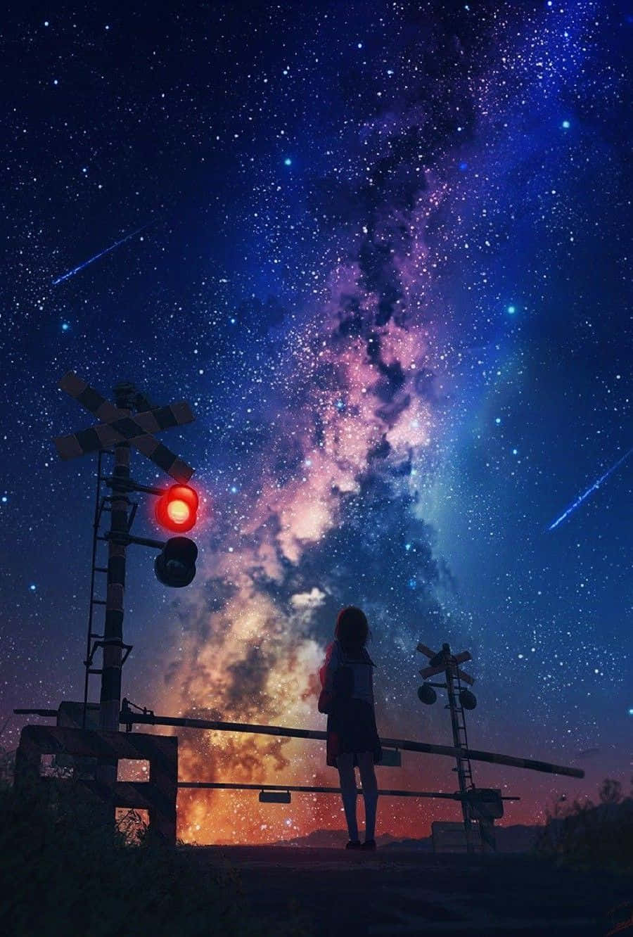  壁紙 — 一個孤獨的女孩站在發光的鐵路平交道下，在充滿活力的星空下，有發光的星系和流星。