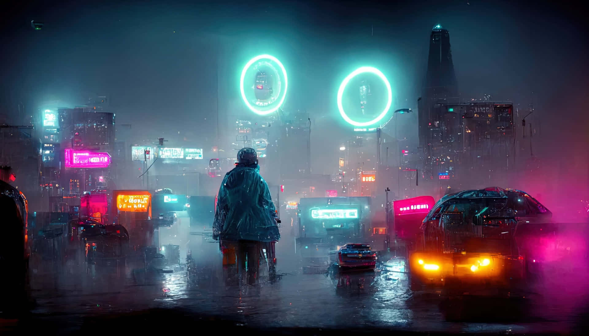雨中悠閒散步的傍晚 壁紙 — 一個孤獨的身影穿著雨衣，在夜晚穿過一條充滿霓虹燈的賽博朋克城市街道，周圍有發光的圓形標誌和潮濕反光的路面。