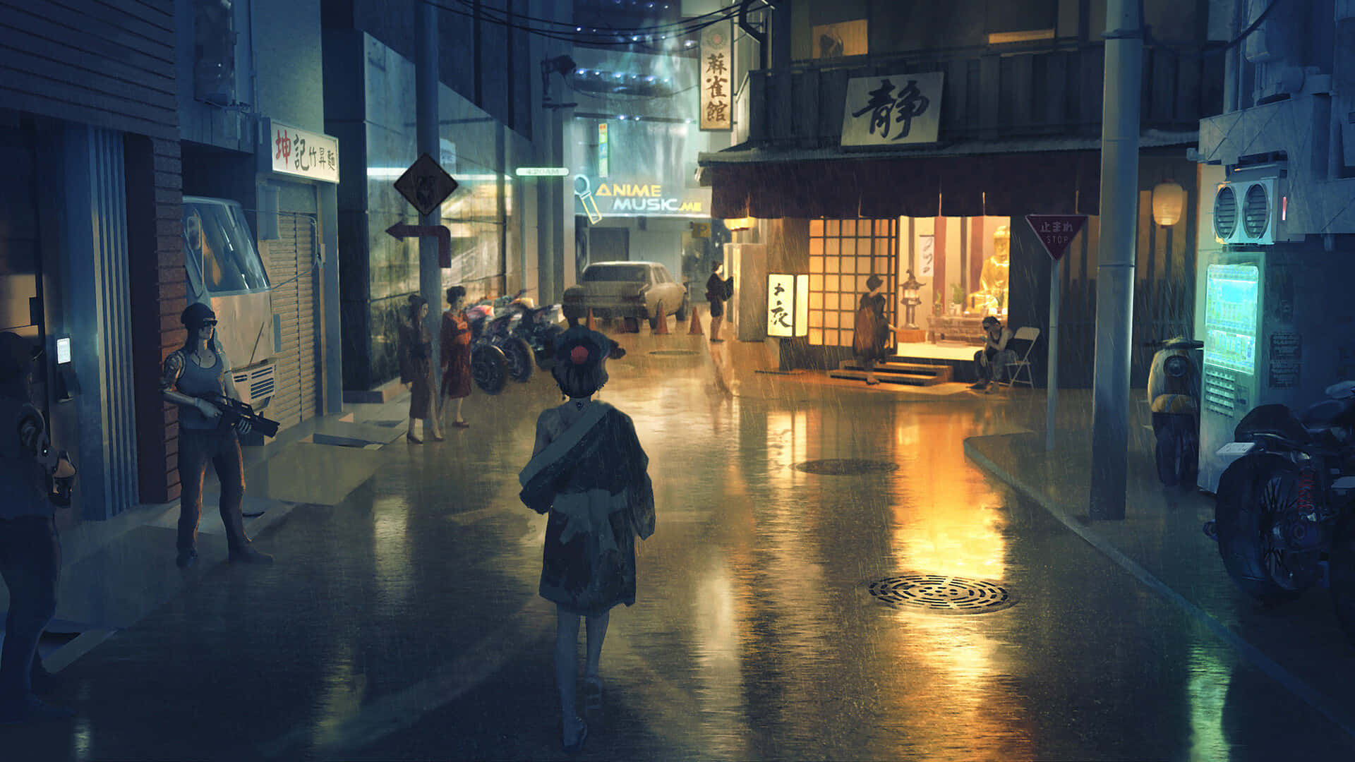  壁紙 — 一個孤獨的身影在夜晚沿著霓虹燈照亮、雨水浸濕的日本街道行走，倒影在潮濕的路面上閃爍。
