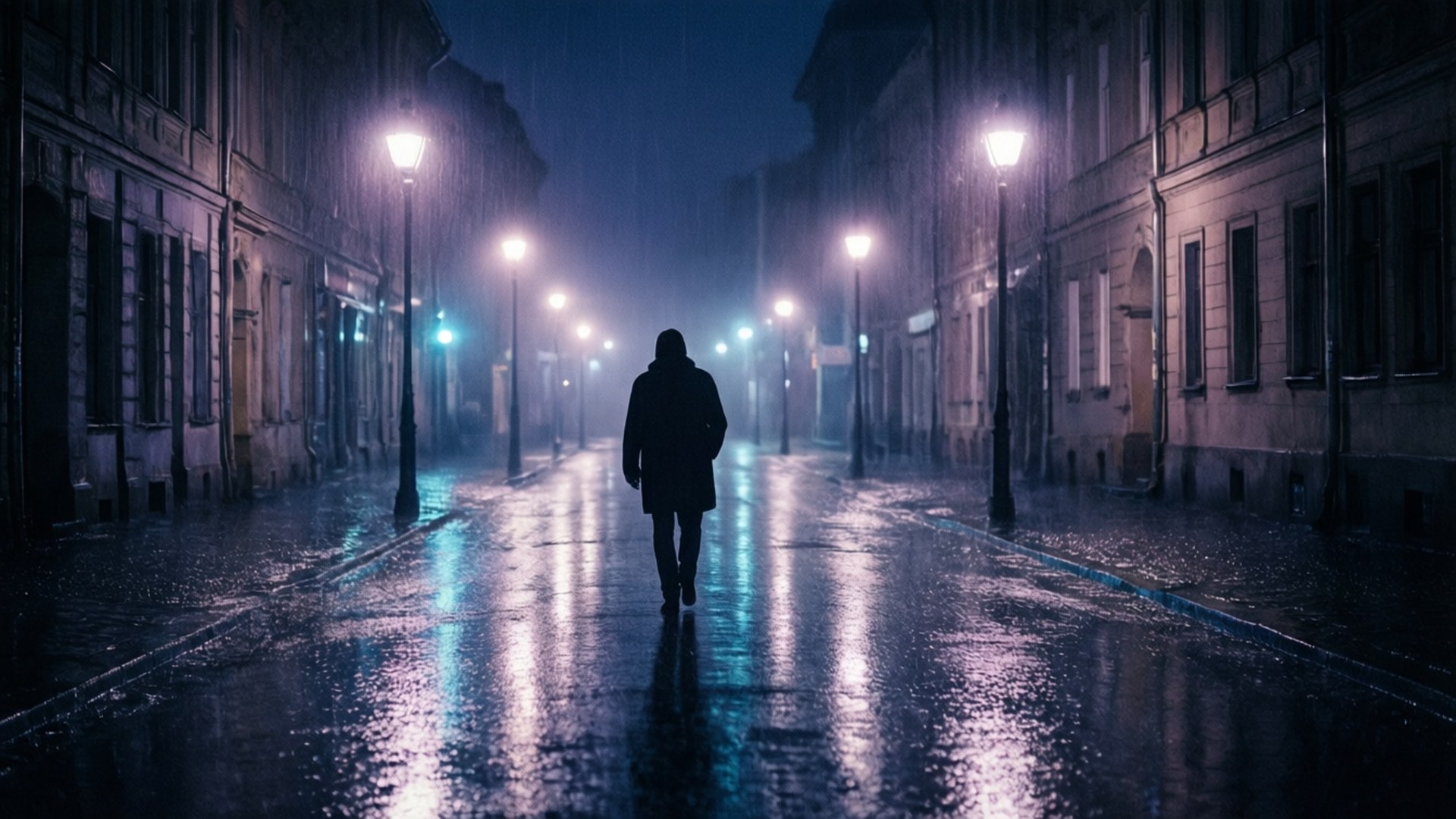 美學藝術 桌布 壁紙 — 一個孤獨的身影在夜晚走在被雨水浸濕的城市街道上，被照亮的路燈反射在潮濕的路面上。