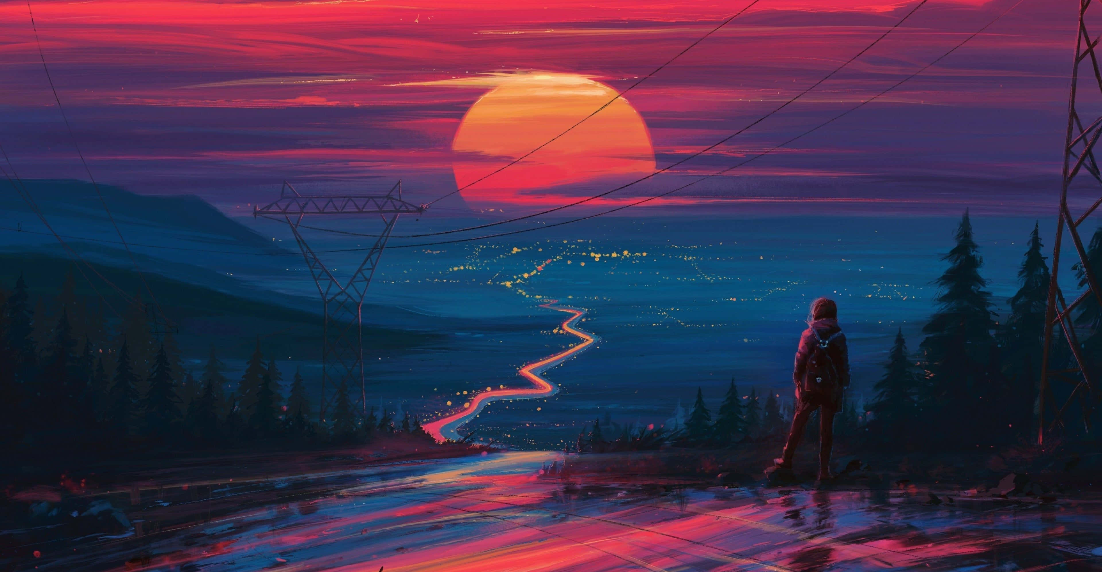 Sunset Painting 桌布 壁紙 — 一個孤獨的身影站在濕漉漉的道路上，在日落時分看著山谷上方發光的橙色太陽，遠處有城市燈光和電線。