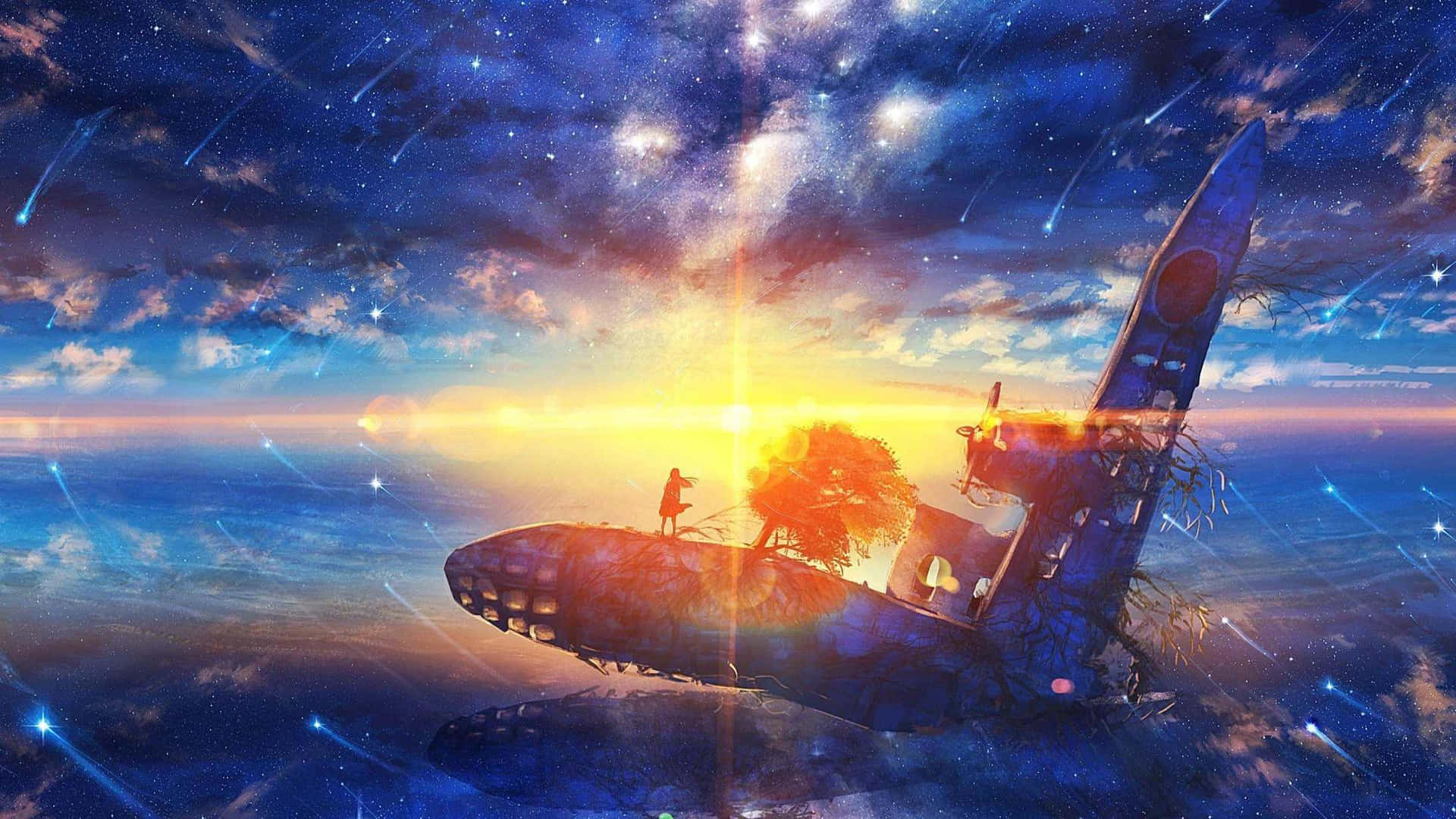  壁紙 — 一個孤獨的身影站在一架漂浮在星空中的破舊飛機上，身後一輪燦爛的太陽正在升起。