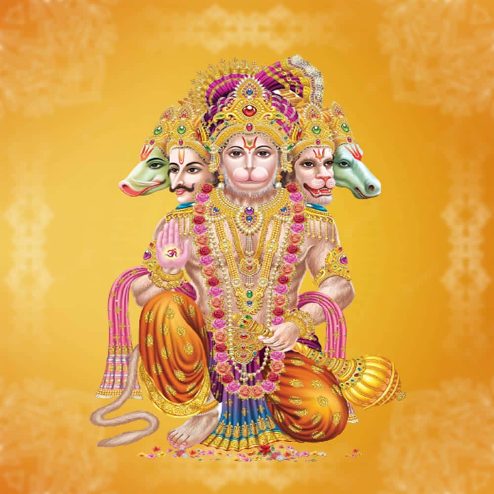  壁紙 — 一個光芒四射的插圖神祇，有四張臉和猴子特徵，飾有金色珠寶和橙色長袍，背景是發光的黃色。