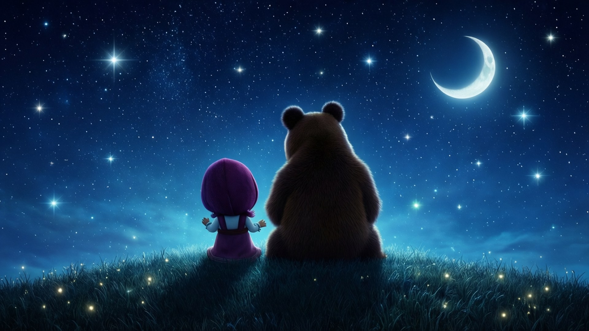 Starry Night Together 壁紙 — 一個孩子和一隻熊並排坐在長滿草的丘陵上，星空下有一彎新月。