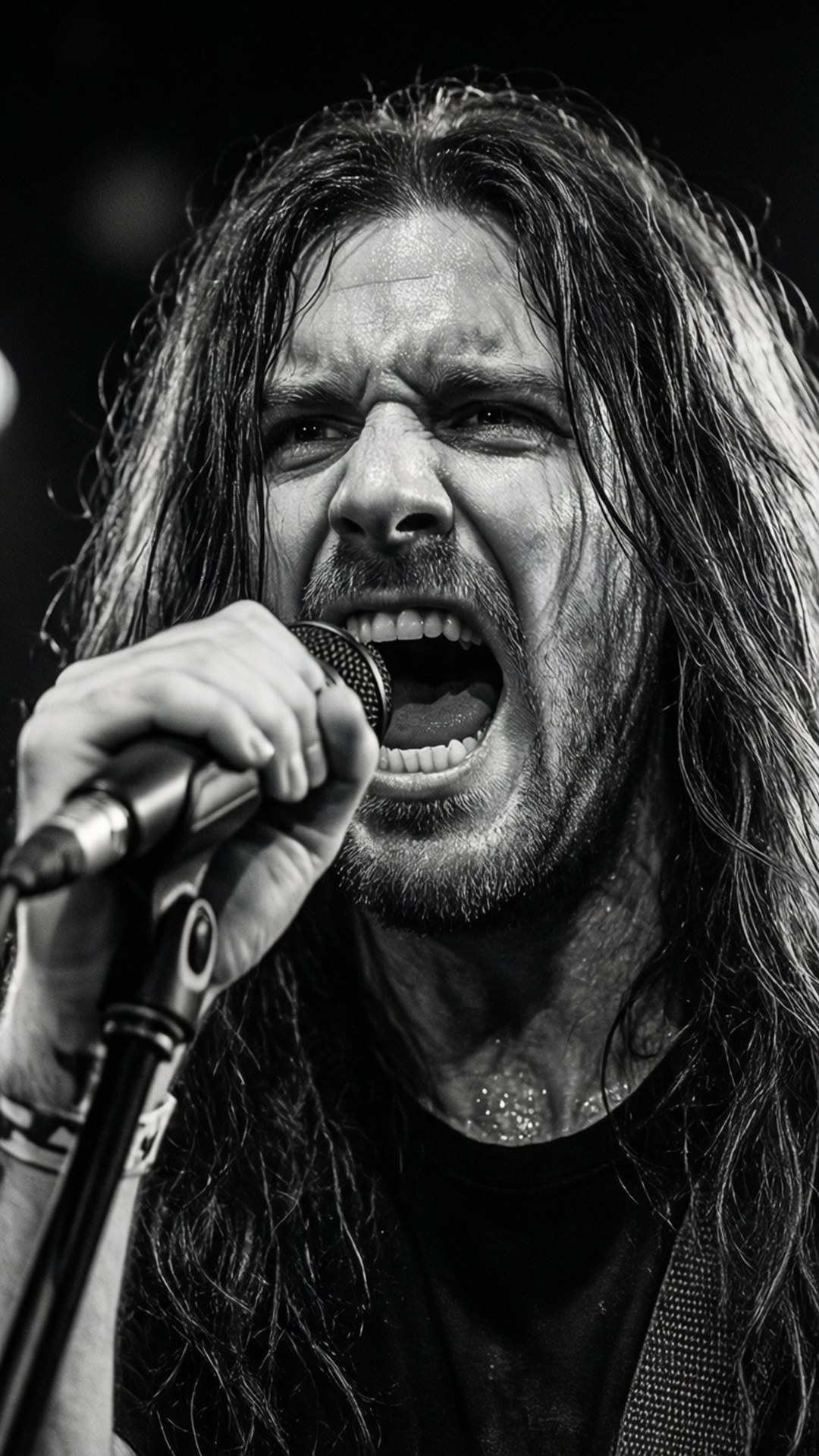 Vocalist Fury 壁紙 — 一個黑白特寫，捕捉一位充滿激情的搖滾歌手，長濕頭髮，表情強烈，對著麥克風嘶吼。