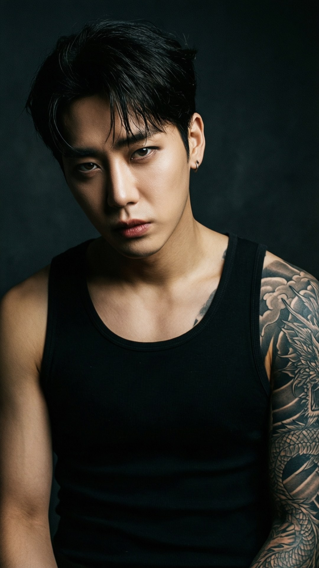 Dark Studio Wonwoo 壁紙 — 一個黑髮、手臂上有龍紋身的男人，穿著黑色背心，在深色背景前凝視著鏡頭。