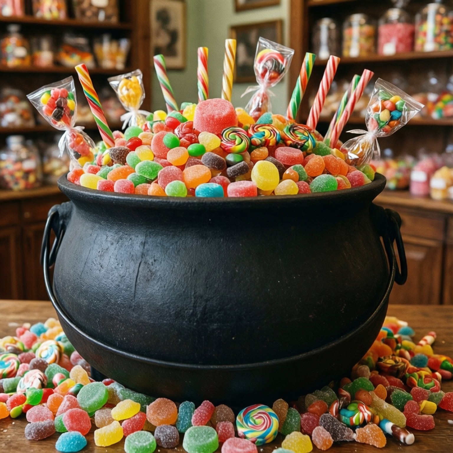 Candy Cauldron 壁紙 — 一個黑色大鍋裝滿了色彩繽紛的糖果和棒棒糖，放在糖果店的木桌上。