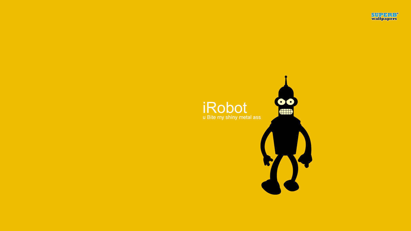 黑色卡通機械人，黃色背景上寫著 iRobot u Bite my shiny metal ass
