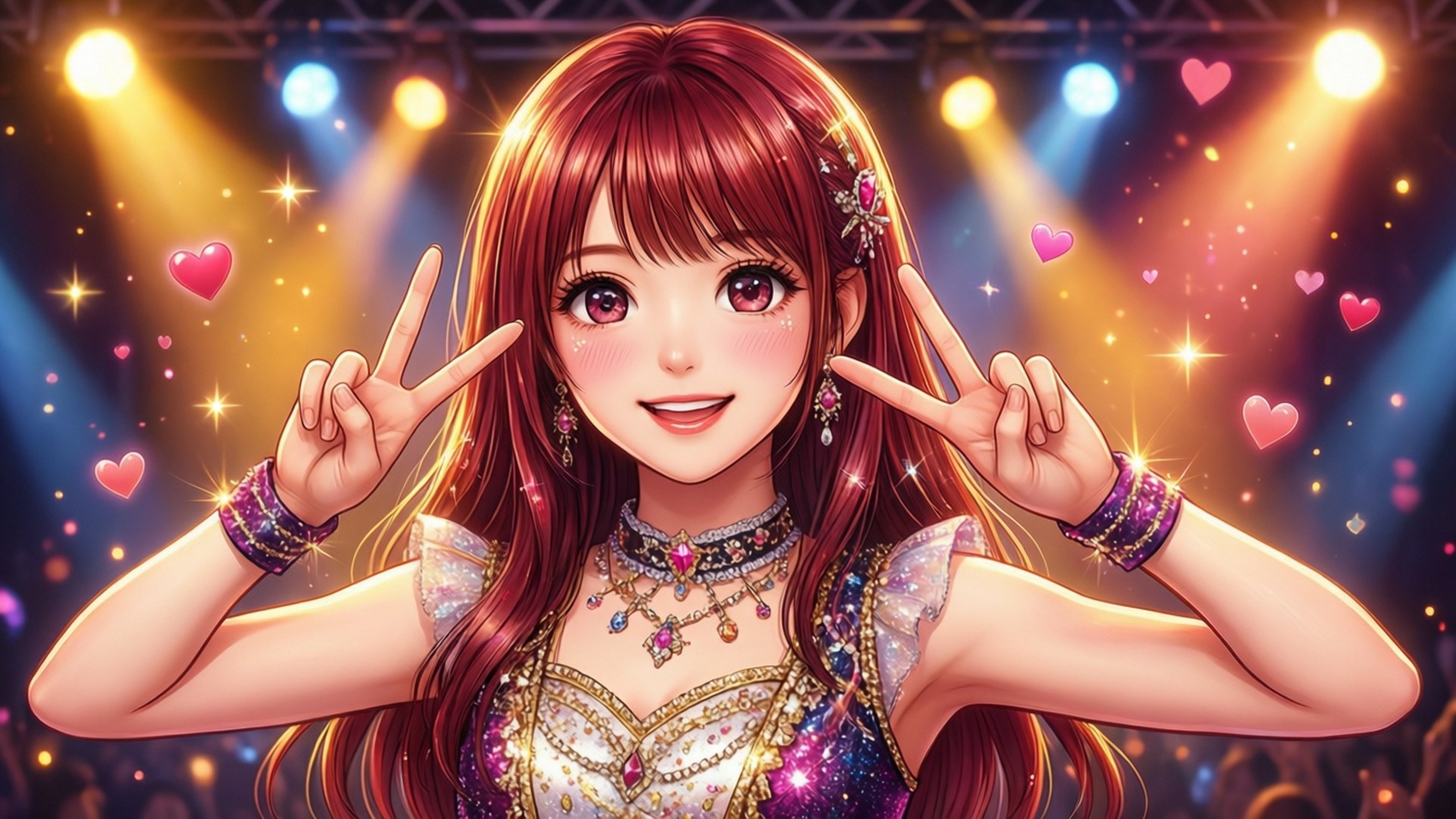 穿著閃亮服裝的動漫女孩在音樂會上做出和平手勢，伴隨著心形紙屑。