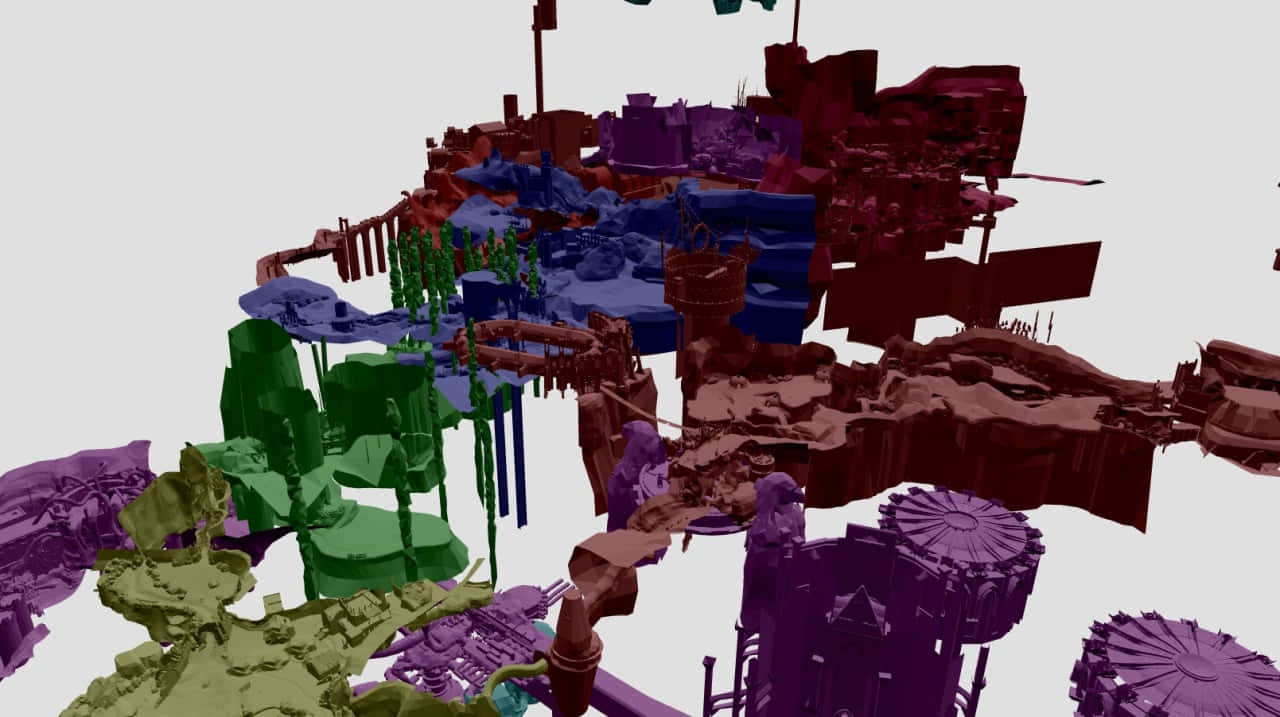  壁紙 — 一個混亂的3D渲染場景，色彩繽紛的碎片結構在純色背景上漂浮。