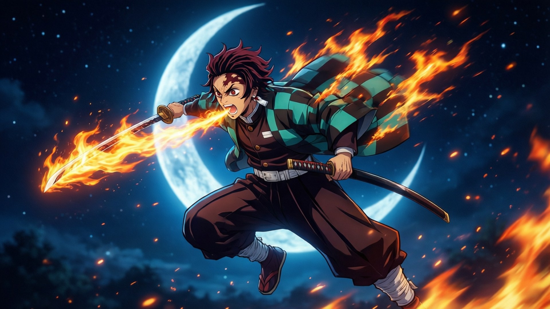 Set Your Heart Ablaze 桌布 壁紙 — 一個火熱的動漫戰士在彎月背景下跳躍，揮舞著火焰劍，充滿強烈的決心。