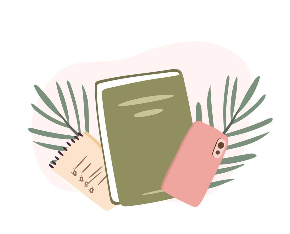 School Aesthetic 桌布 壁紙 — 一個極簡插圖，描繪一本綠色書本、一部粉紅色電話和一本螺旋筆記本，藏在綠色葉子之間，背景是柔和的粉紅色。