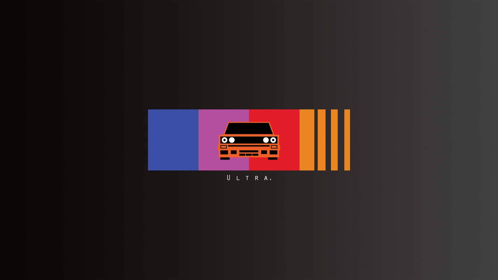 Frank Ocean Aesthetic 桌布 壁紙 — 一個極簡的橙色汽車圖標，居中放置在色彩繽紛的幾何圖形區塊上，背景為深色漸變。