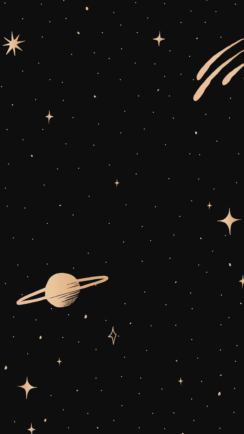  壁紙 — 一個極簡的宇宙場景，黑色背景上有一個金色環狀行星和星星。