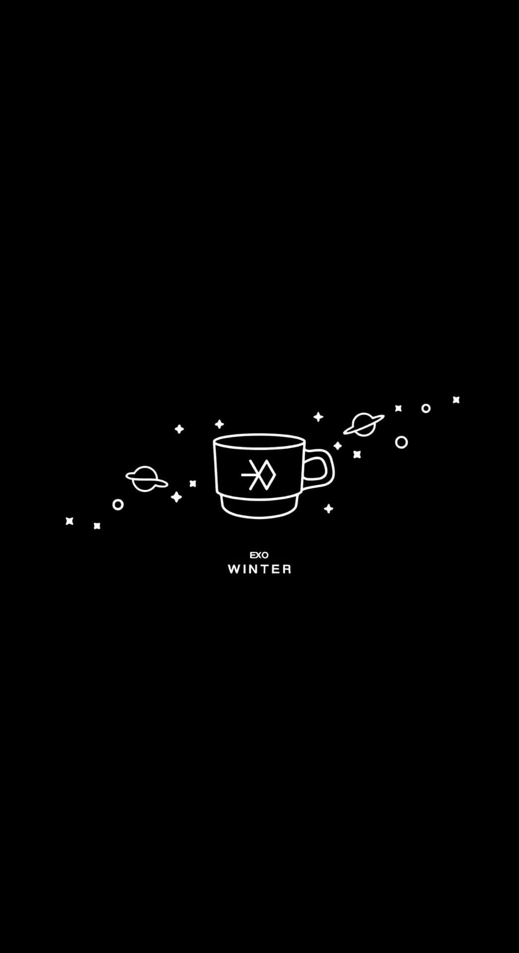 壁紙 — 一個極簡風格的白色線條畫，畫有一個帶有行星和星星的杯子，背景為黑色，標有 EXO WINTER。