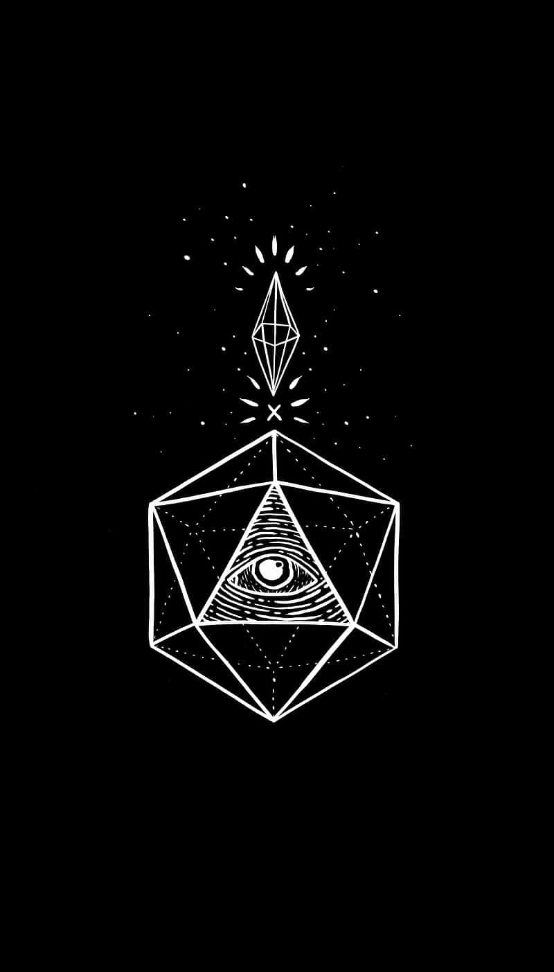  壁紙 — 一個極簡風格的白色線條畫，描繪一個幾何十二面體內的全視之眼，上方有一顆鑽石，背景為黑色。