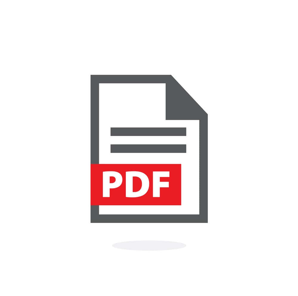 帶有紅色標籤和灰色文件輪廓的PDF檔案圖示。