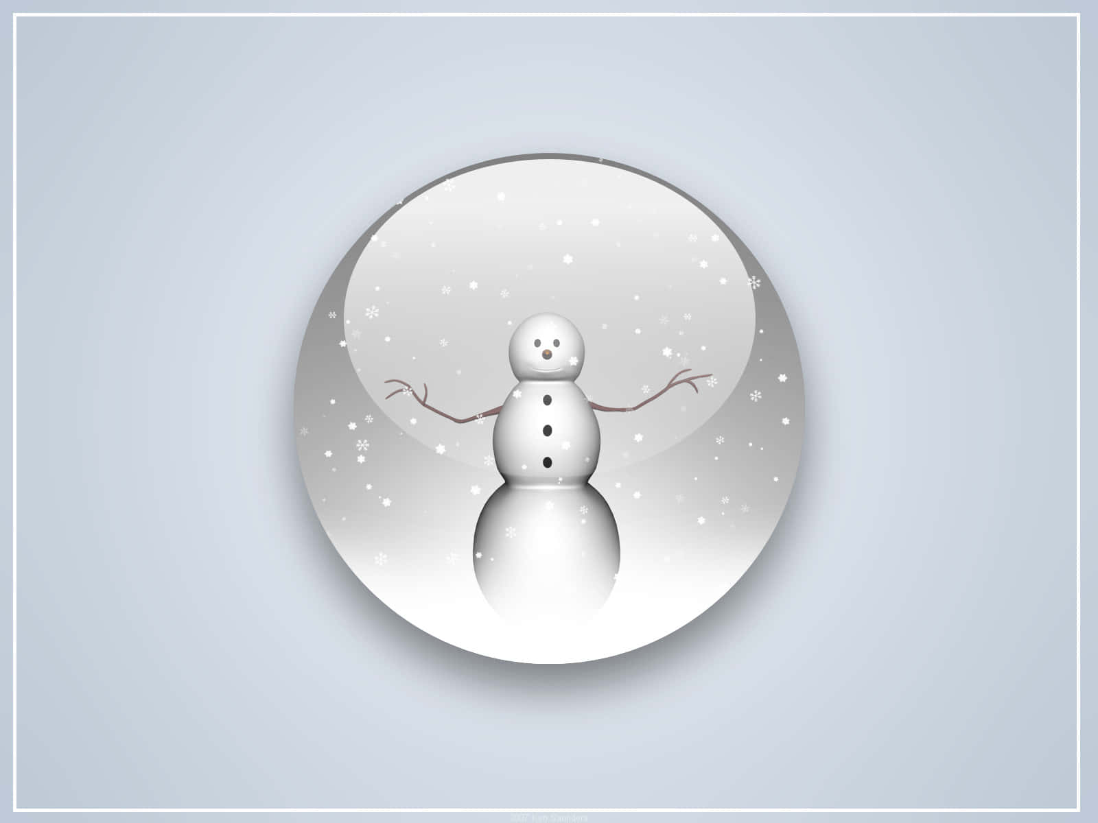  壁紙 — 一個極簡風格的雪人，樹枝手臂，站在圓形雪花玻璃球內，雪花輕輕飄落在周圍。