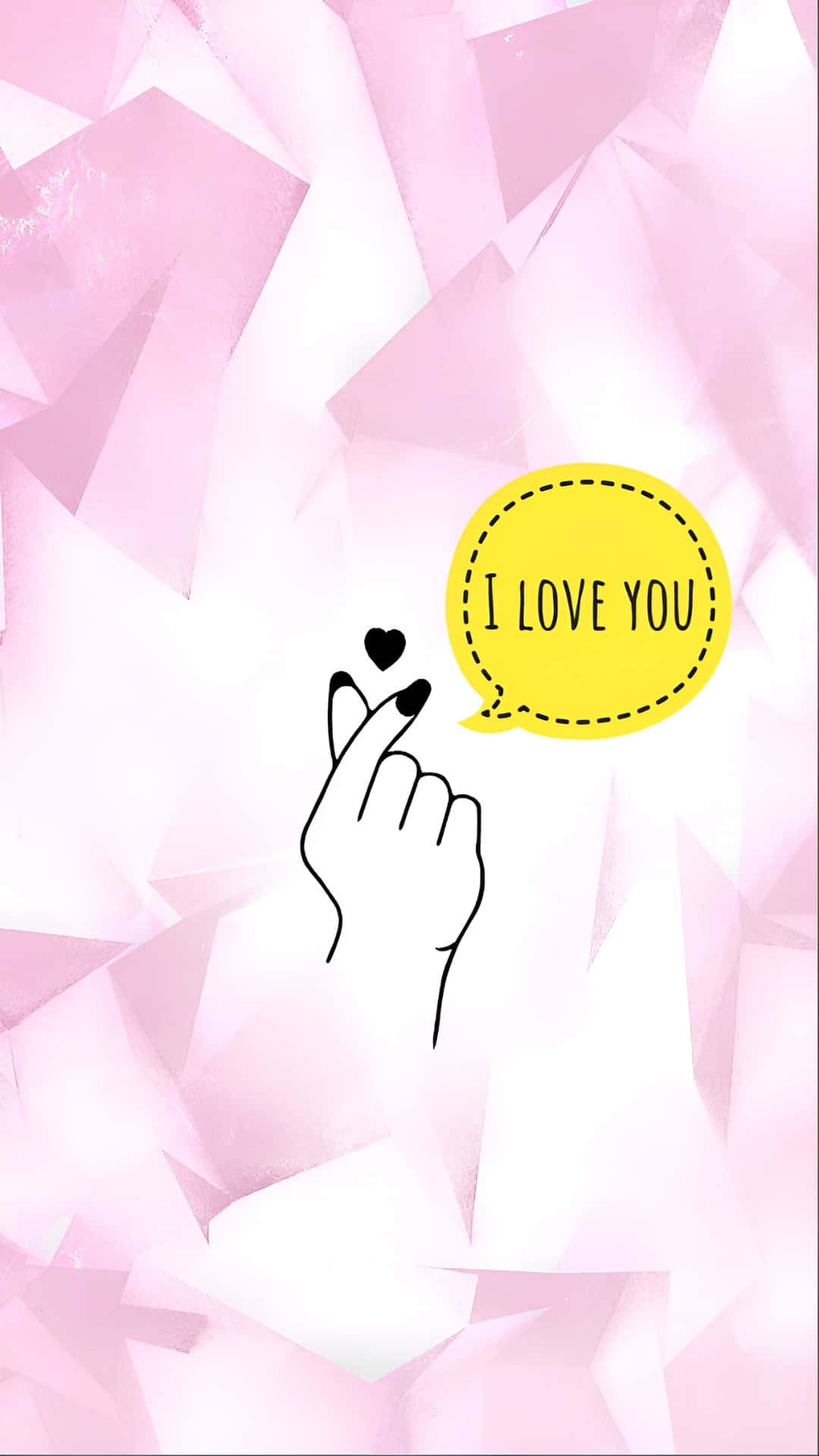  壁紙 — 一個極簡線條畫，描繪一隻手做出心形手勢，並有一個黃色對話框寫著 I LOVE YOU，背景為粉紅色幾何圖案。