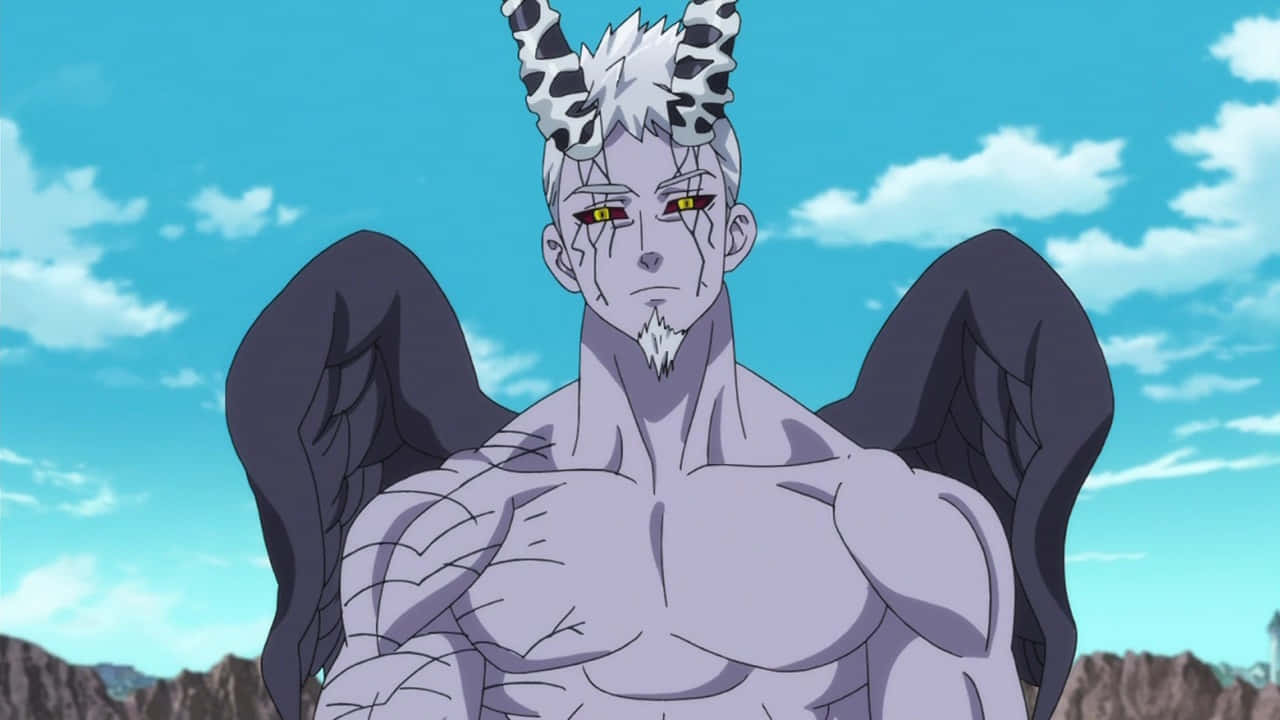 Seven Deadly Sins Hendrickson 桌布 壁紙 — 一個肌肉發達的動漫惡魔，白色頭髮，黑色角，黑色翅膀，站在明亮的藍天下，散佈著雲朵。