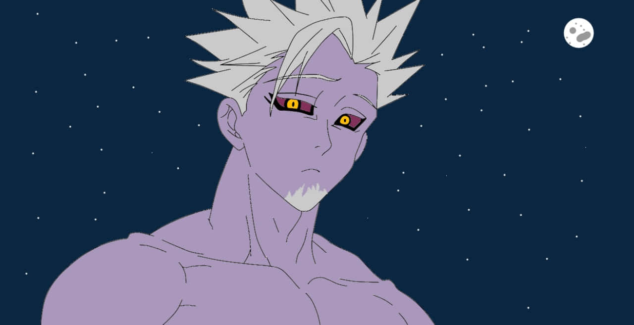Seven Deadly Sins Hendrickson 桌布 壁紙 — 一個肌肉發達的動漫角色，有著尖刺的白髮和發光的黃色眼睛，凝視著繁星點點的夜空，月亮上有爪印。
