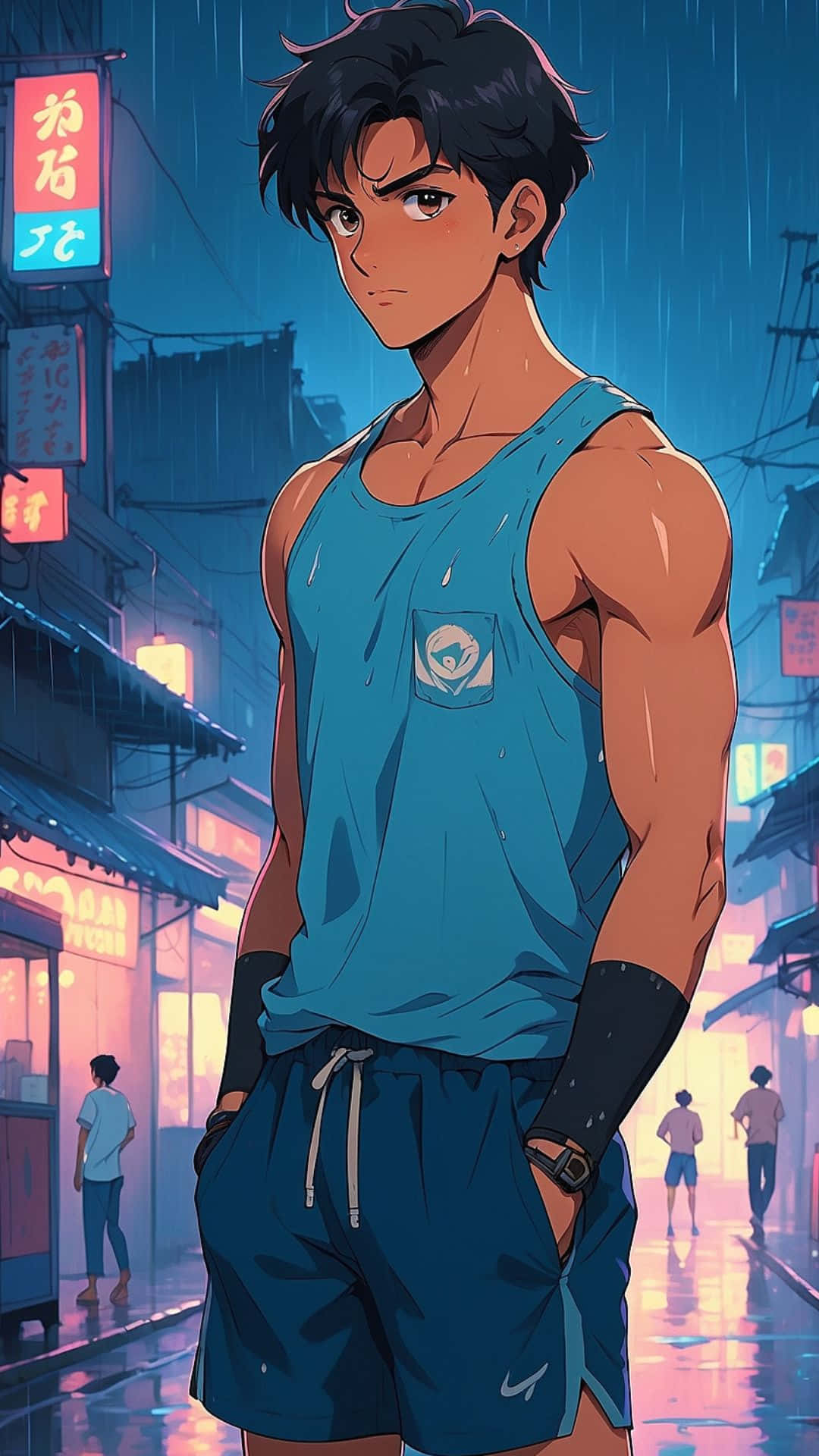 壁紙 — 一個肌肉發達的動漫男人穿著藍色背心，站在雨夜霓虹燈閃爍的日本街道上。