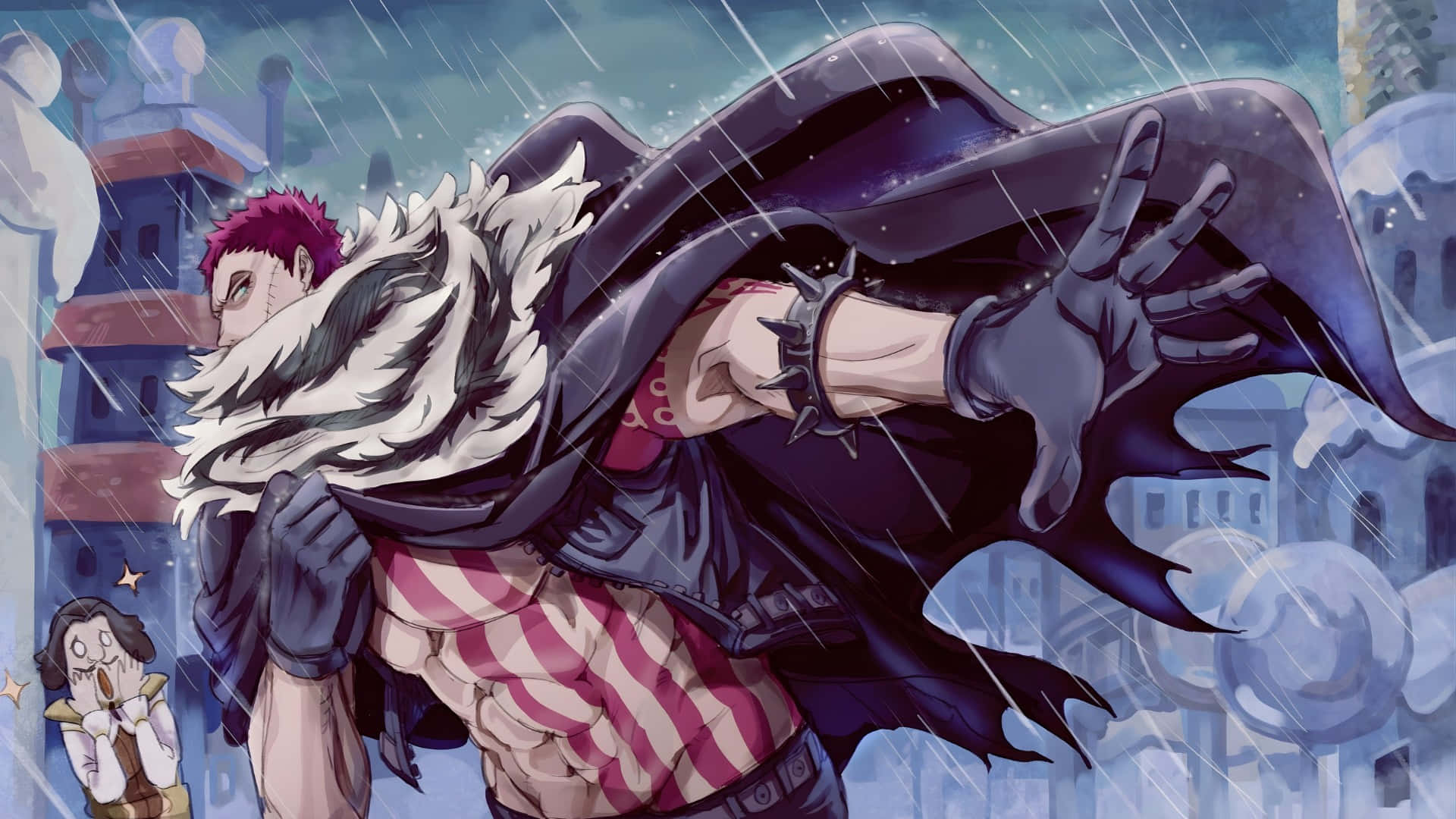  壁紙 — 一個肌肉發達的動漫男人，粉紅色頭髮，穿著毛領外套，在雨中城市景觀中挑釁地站著，他的斗篷飄揚，戴著手套的手伸出。