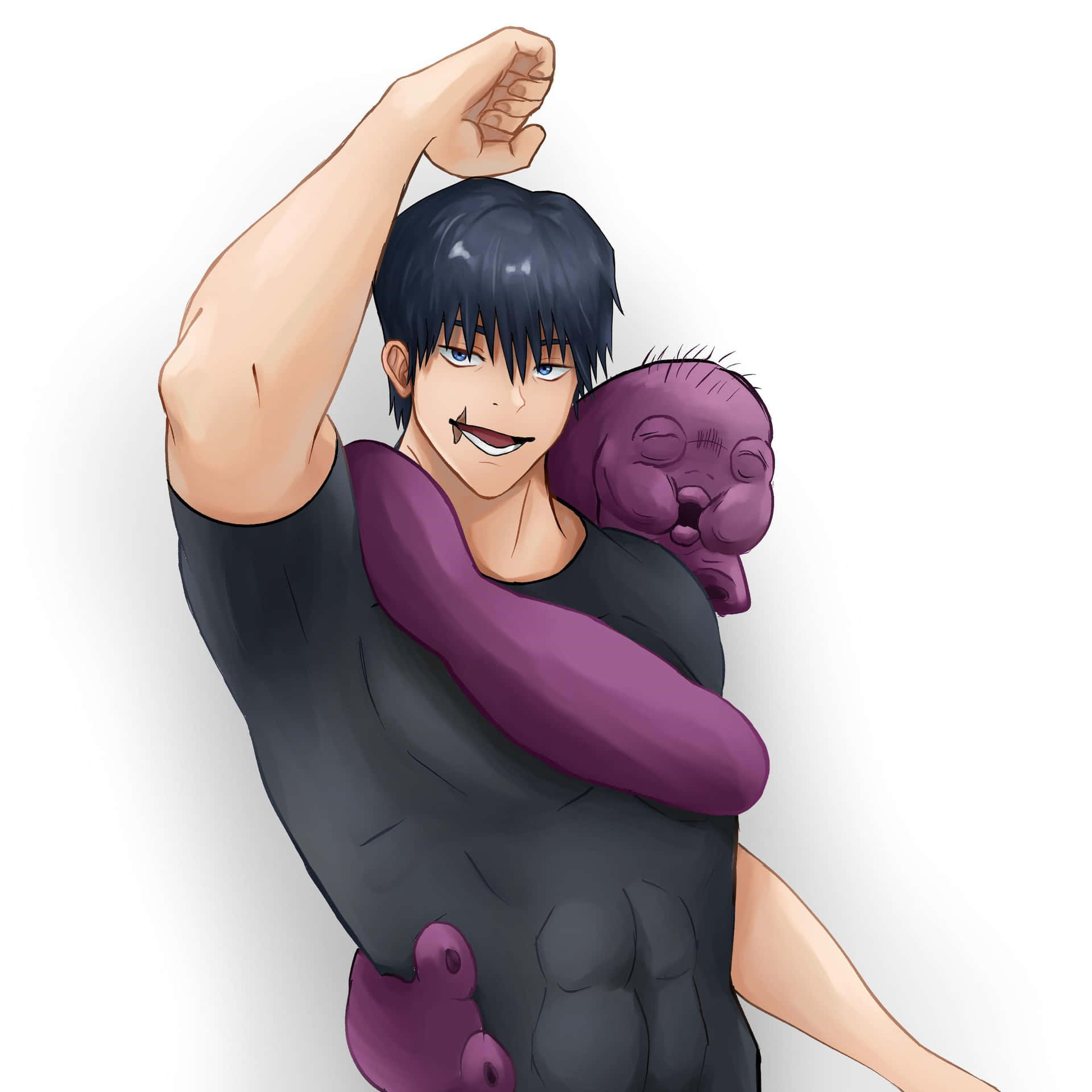  壁紙 — 一個肌肉發達的動漫男人，黑髮藍眼，微笑著彎曲手臂，肩上扛著一個紫色的惡魔般生物。