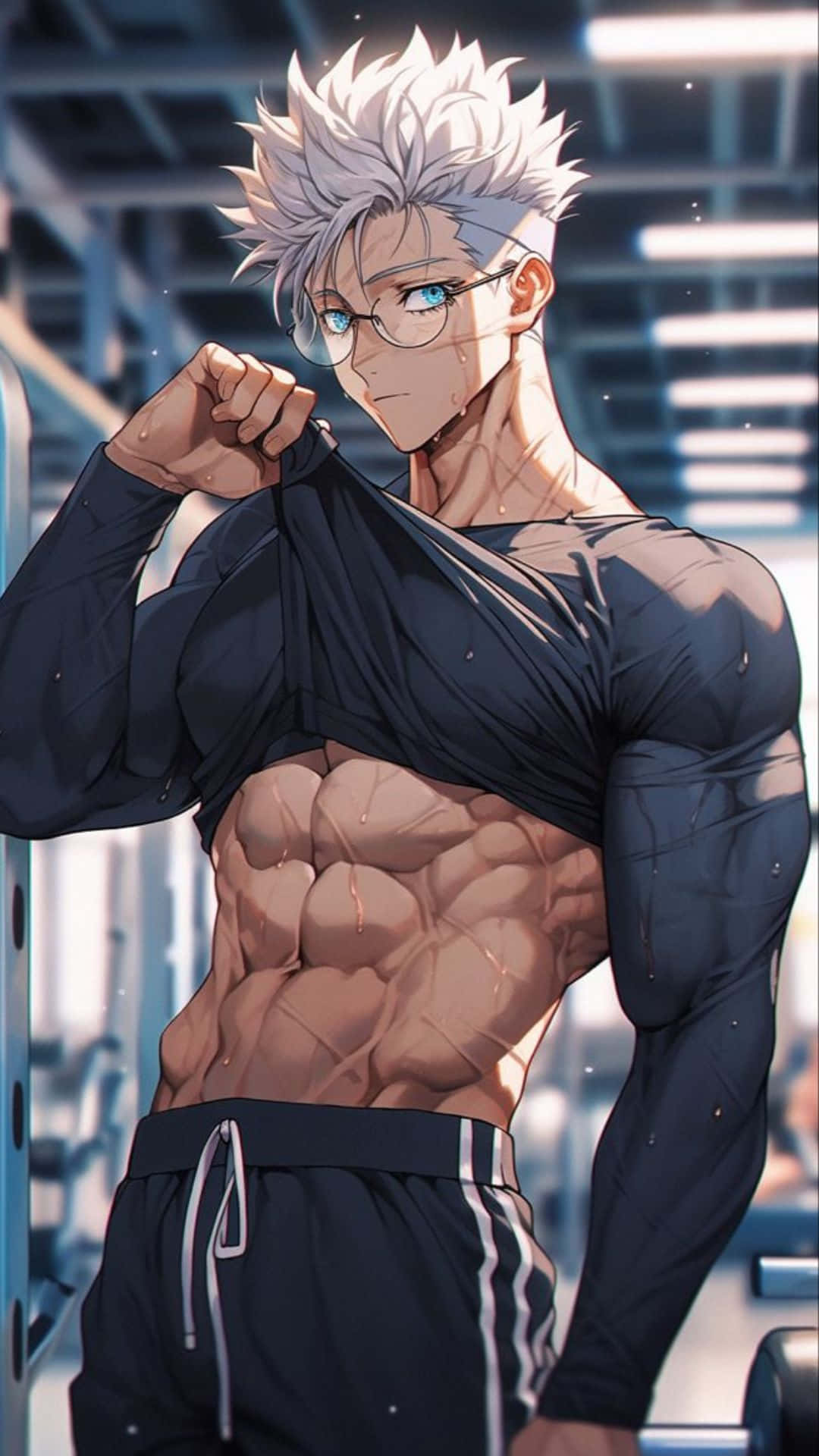  壁紙 — 一個肌肉發達的動漫男人，有著尖刺的白髮和眼鏡，在健身房裡掀起黑色襯衫，露出閃閃發光的腹肌。