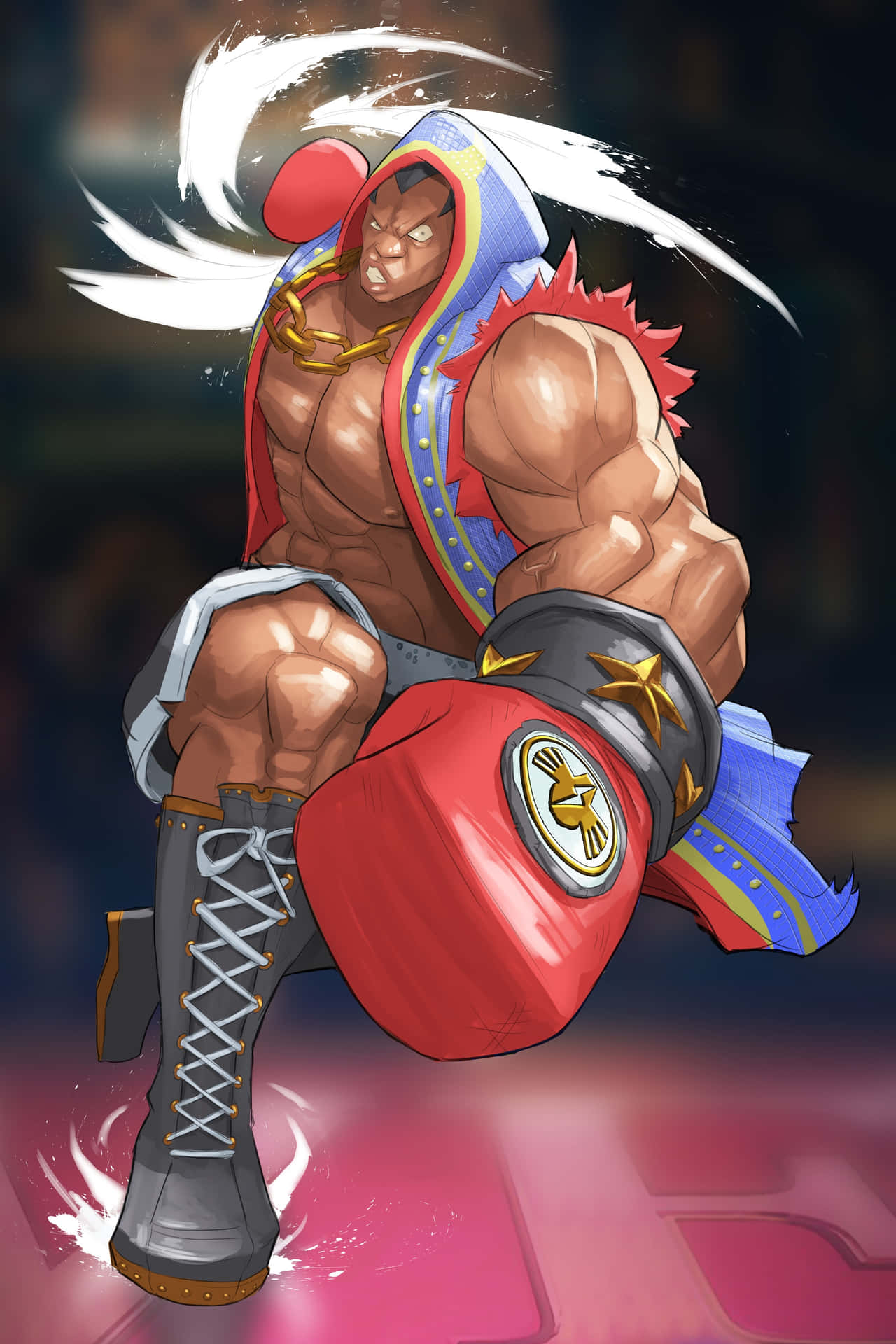  壁紙 — 一個肌肉發達的動漫拳擊手，戴著紅色手套和藍色披風，打出強力一拳，身後有白色能量軌跡旋轉。