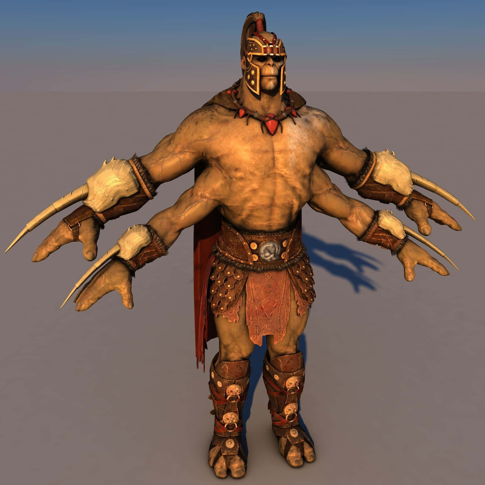 Mortal Kombat Goro 桌布 壁紙 — 一個肌肉發達的奇幻戰士，有四隻手臂和爪狀手，穿著精細的盔甲，站在純色漸變背景前。