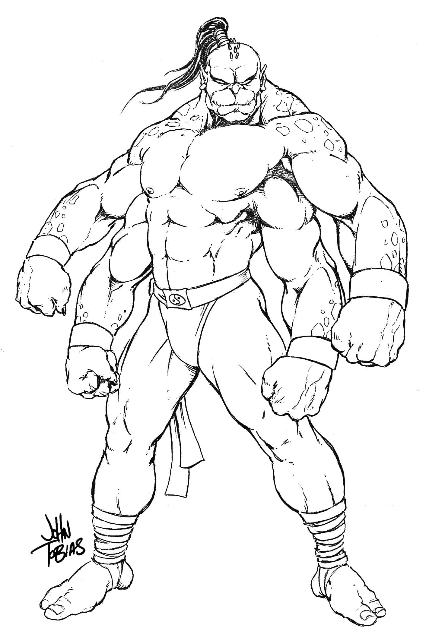 Mortal Kombat Goro 桌布 壁紙 — 一個肌肉發達的奇幻戰士，紮著馬尾辮和部落紋身，以大膽的黑白線條藝術風格擺出強有力的姿勢。