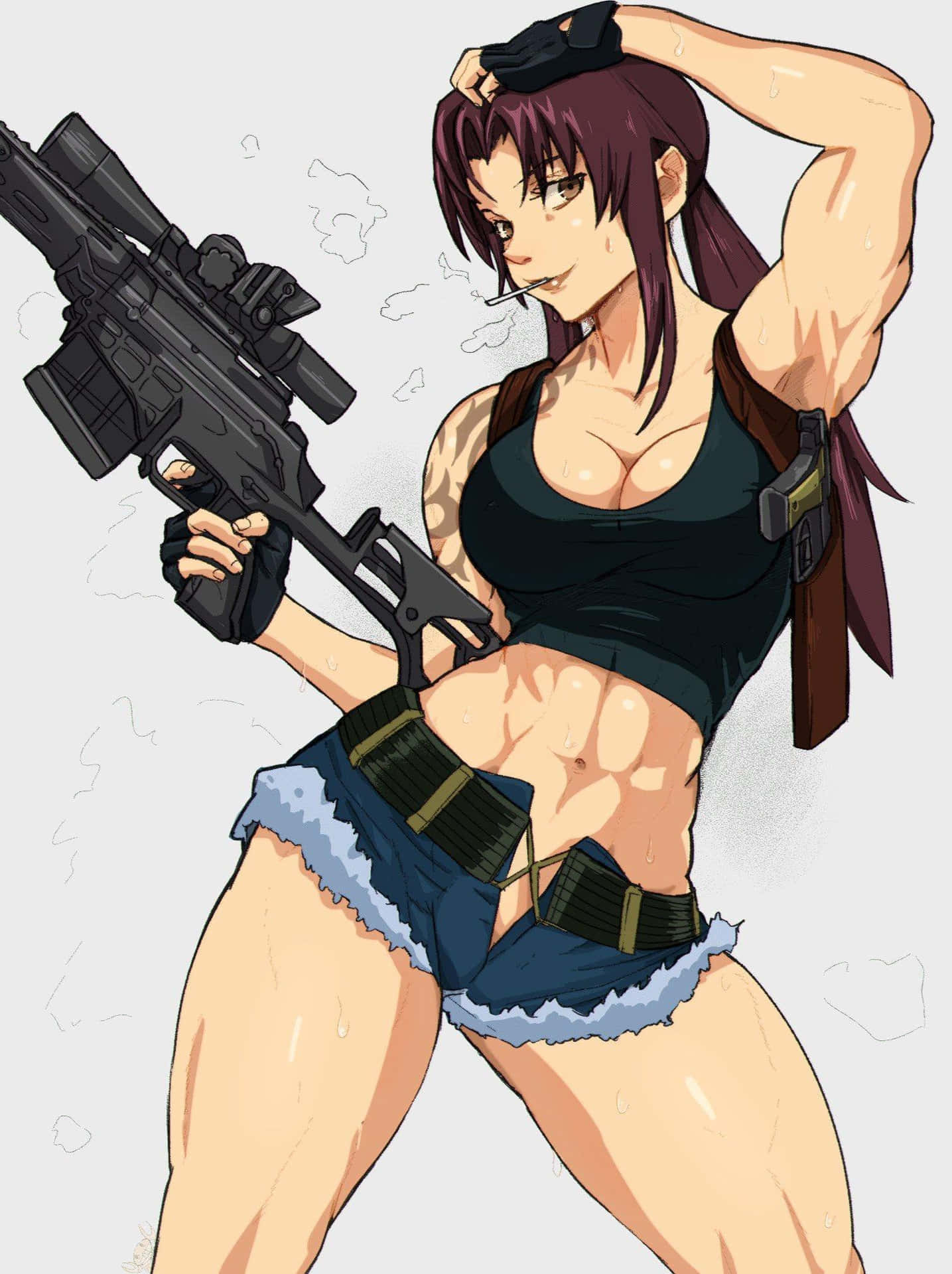  壁紙 — 一個肌肉發達的紫色頭髮動漫女性，在純色背景下拿著狙擊步槍抽煙。