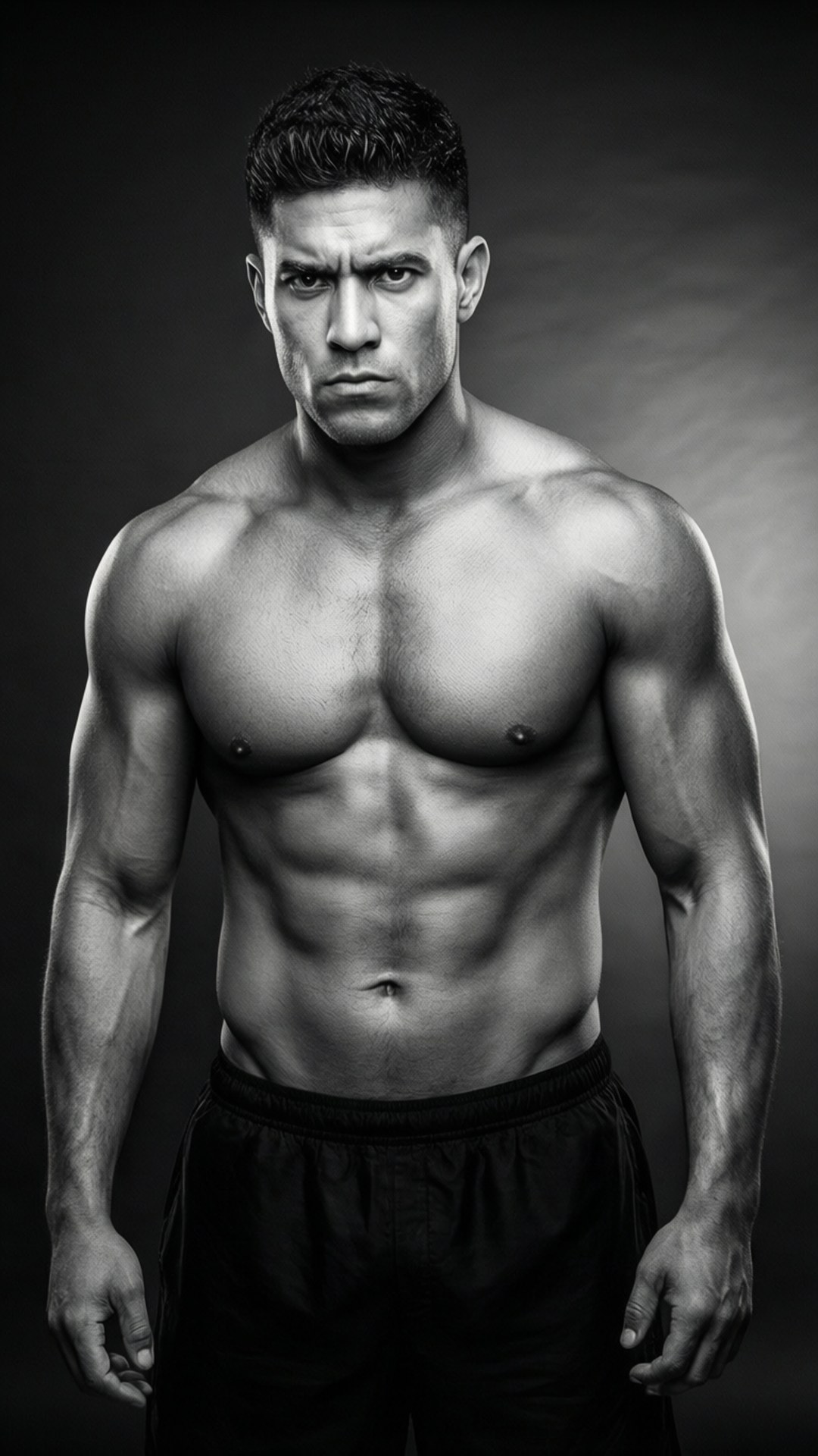 The Physique 壁紙 — 一個肌肉發達、腹肌分明的男人在戲劇性的黑白工作室肖像中強烈地凝視著相機。