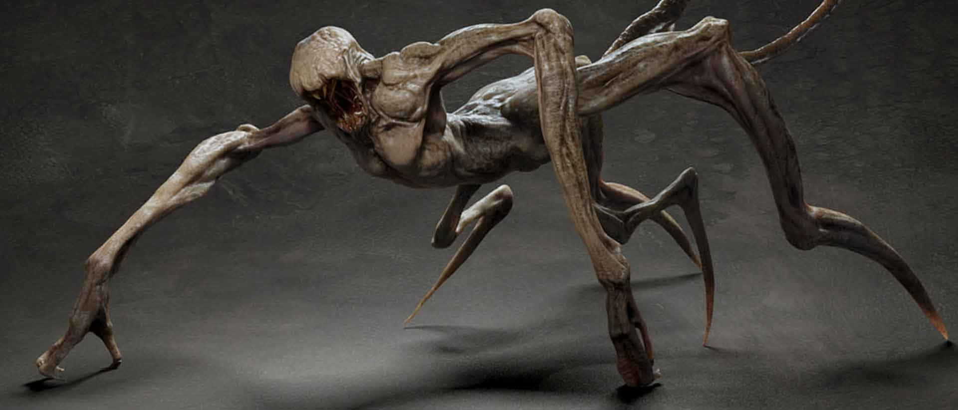 蜘蛛怪物圖 壁紙 — 一個畸形的人形生物，四肢修長，爪子鋒利，在深灰色背景下威脅性地蹲伏著。