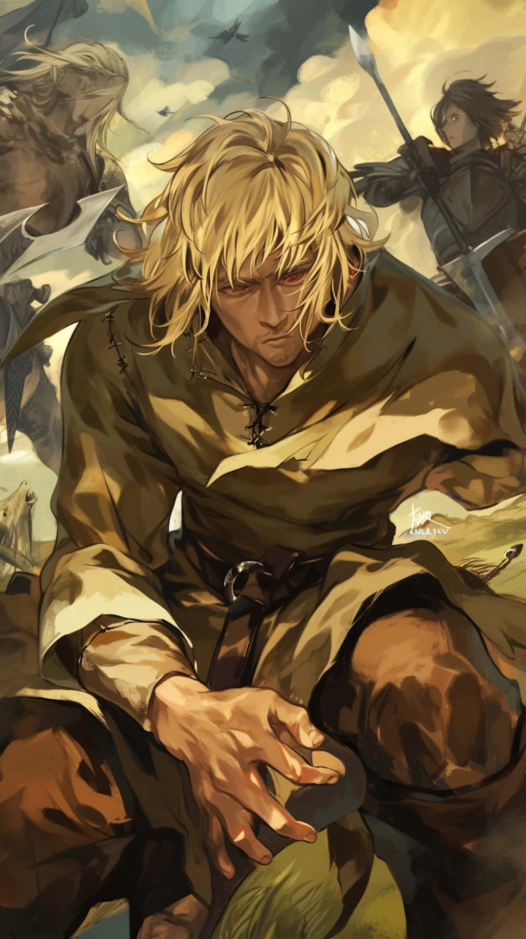 Vinland Saga iPhone 桌布 壁紙 — 一個堅定的金髮戰士在暴風雨的天空下，身穿戰鬥裝備跪著，身後拔出雙劍。