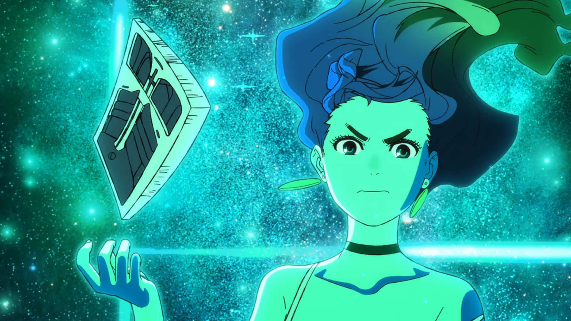  壁紙 — 一個堅定的藍髮動漫女孩漂浮在發光的藍綠色星空之中，伸手去拿一個懸浮的未來裝置。