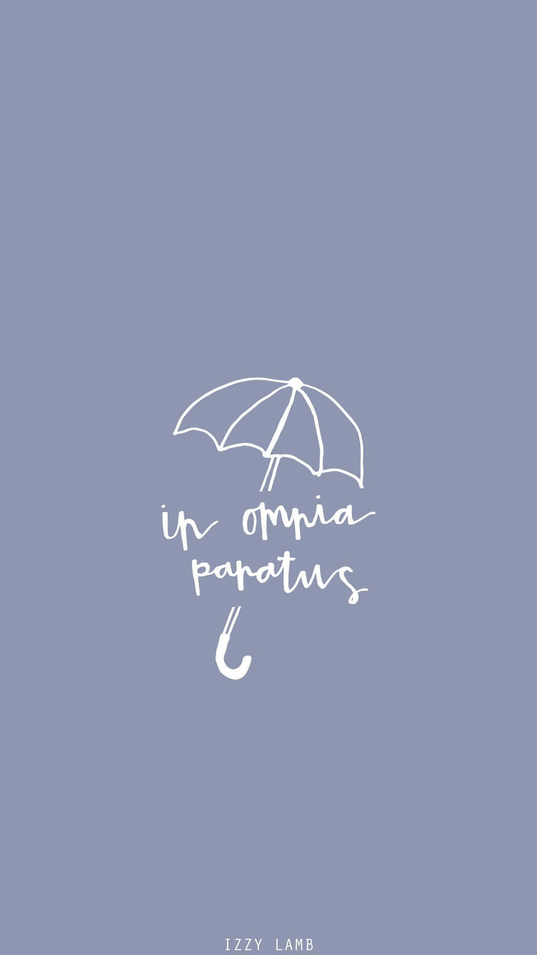薰衣草色背景上，一把雨傘的白色線條藝術，附有拉丁短語 in omnia paratus。 — 美學白色動態圖 壁紙